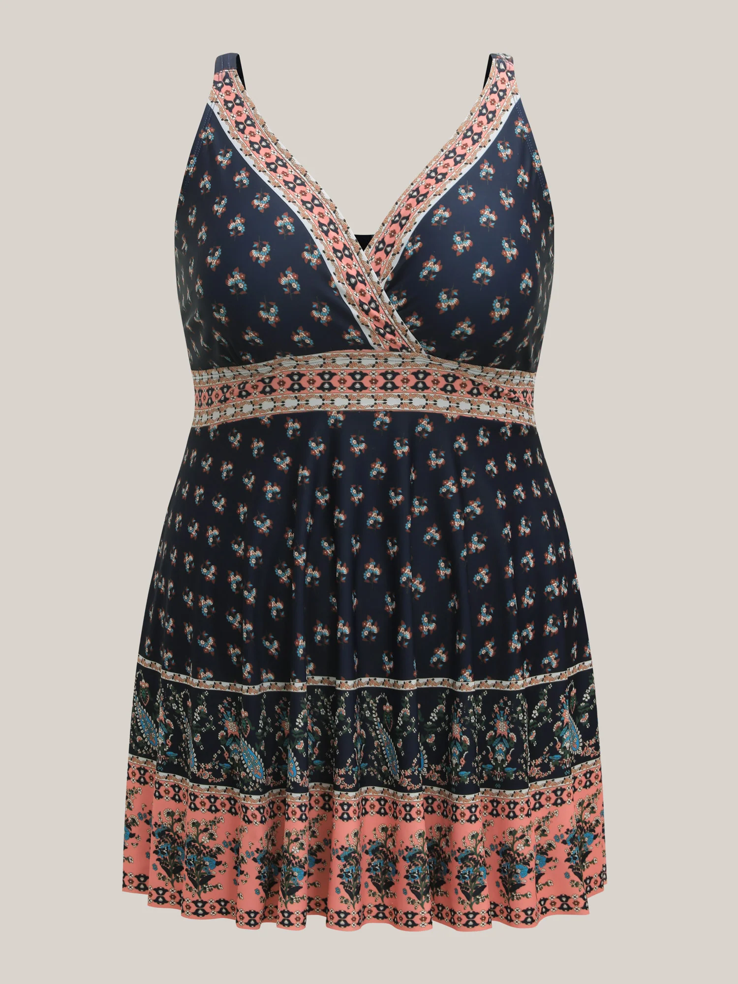 Boho Print Surplice Neck Contrast Swim Dress