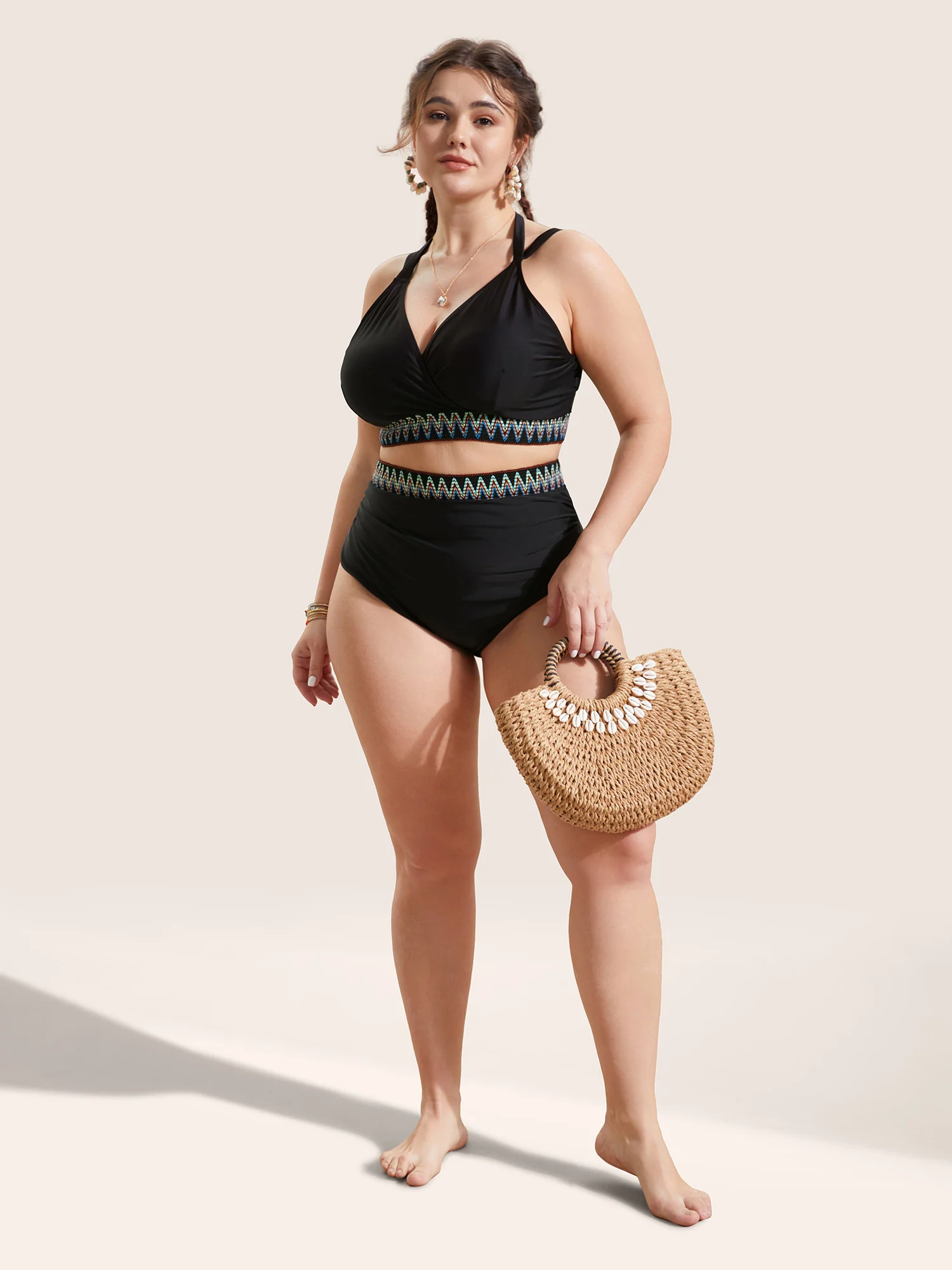 Embroidered Elastic Waist High Rise Swim Bottom