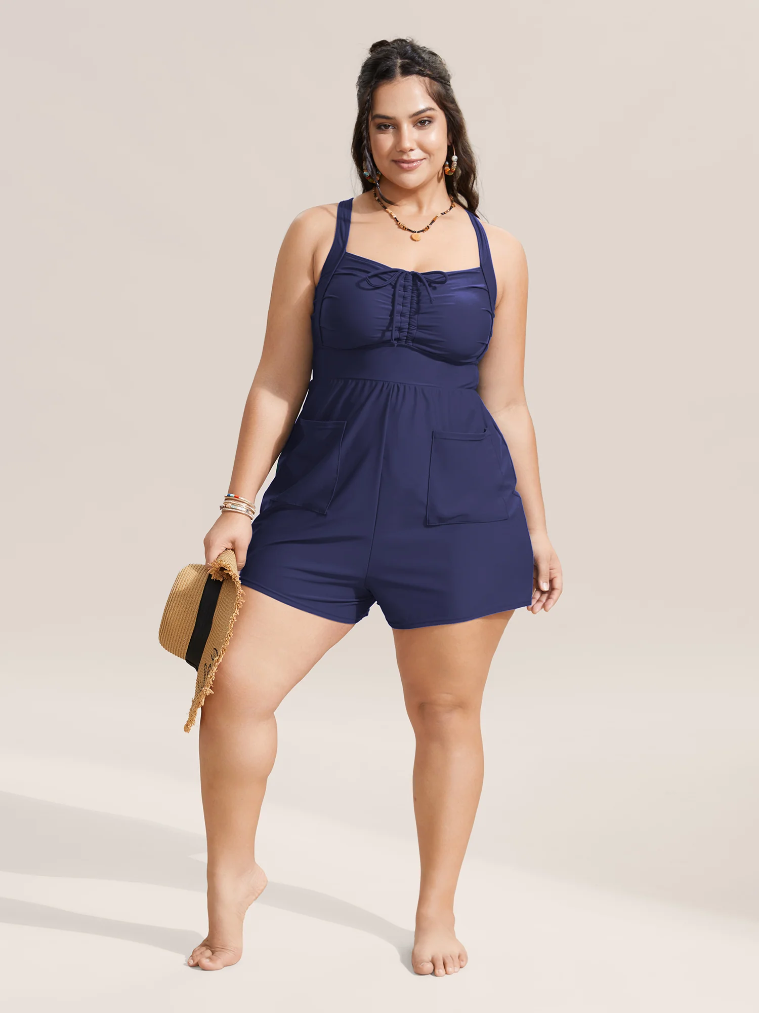 Plain Patched Pocket Drawstring One Piece Swimsuit