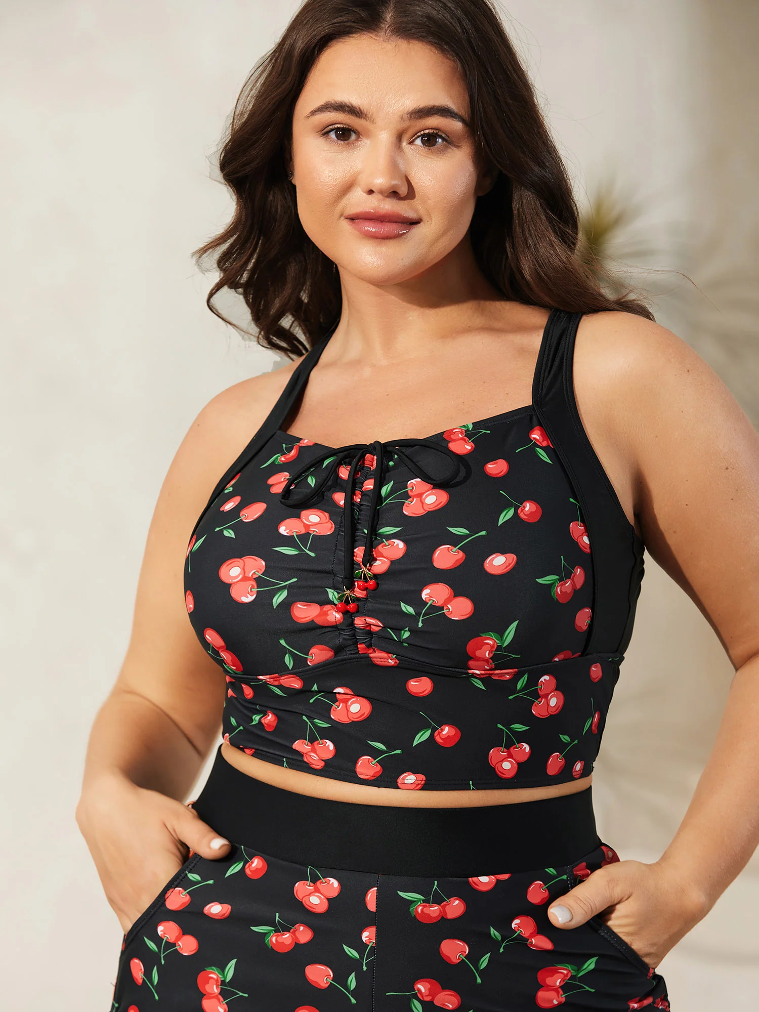 Cherry Print Ruched Drawstring Swim Top