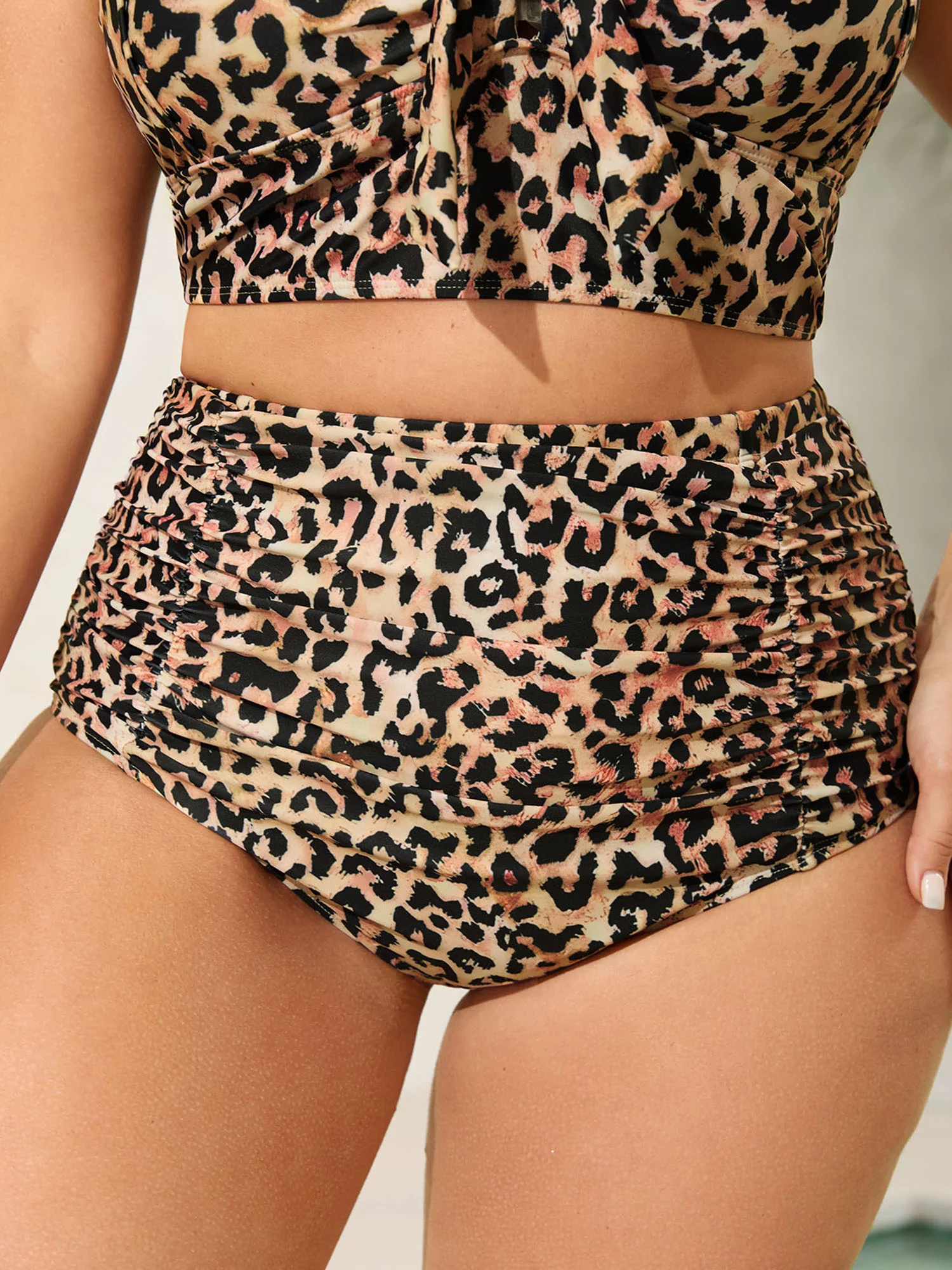 Leopard Print Ruched Spliced Swim Bottoms