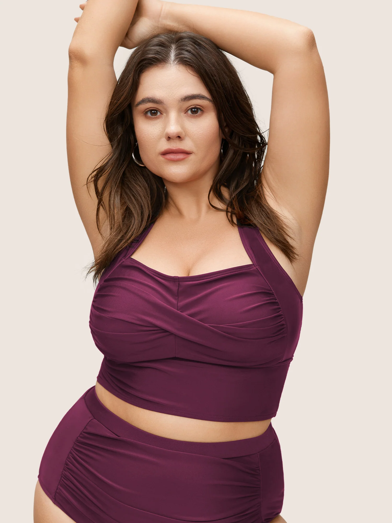 Solid Crossover Square Neck Adjustable Straps Swim Top