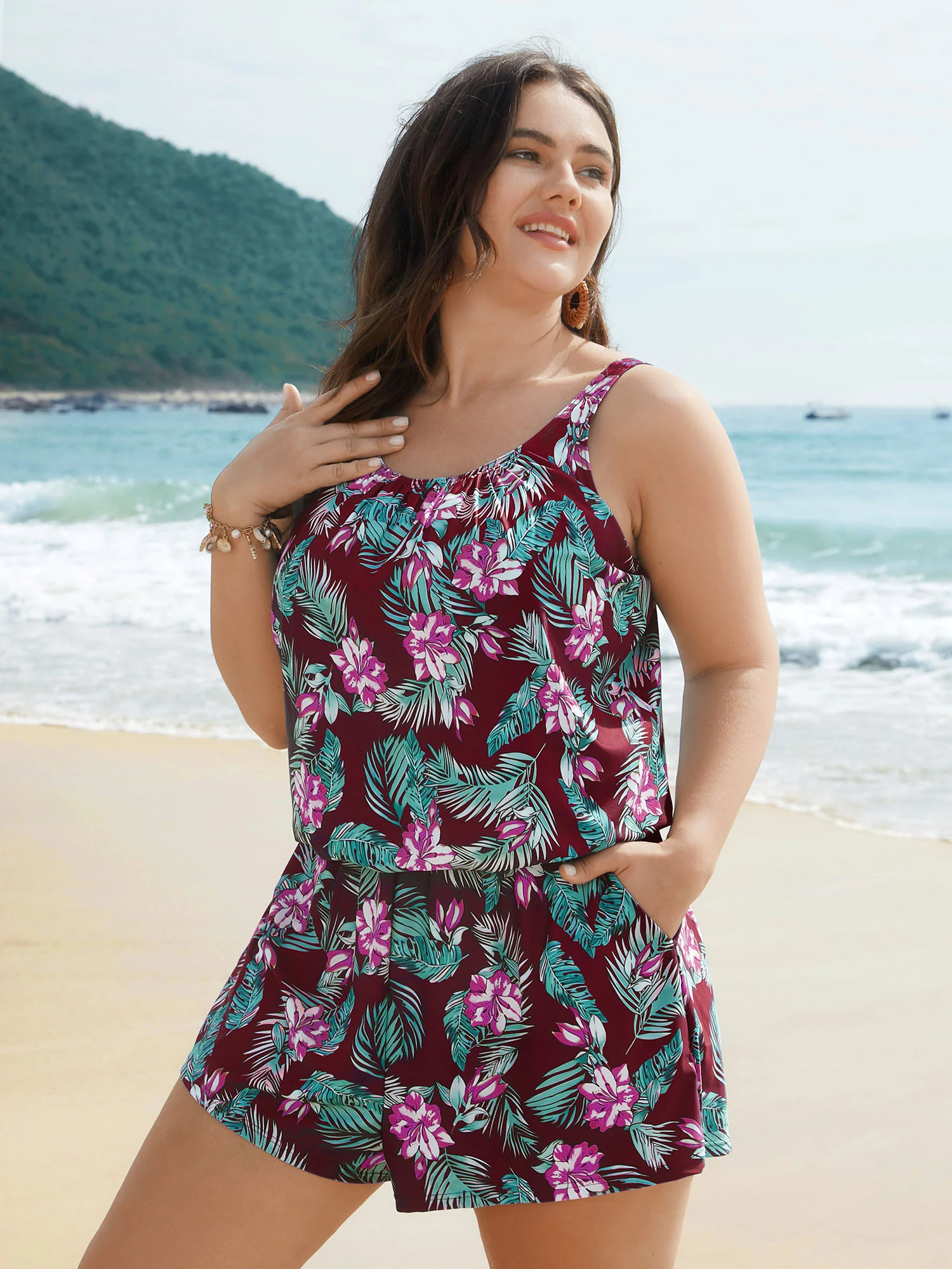 Tropical Flower Print Pockets One-Piece Swimsuit