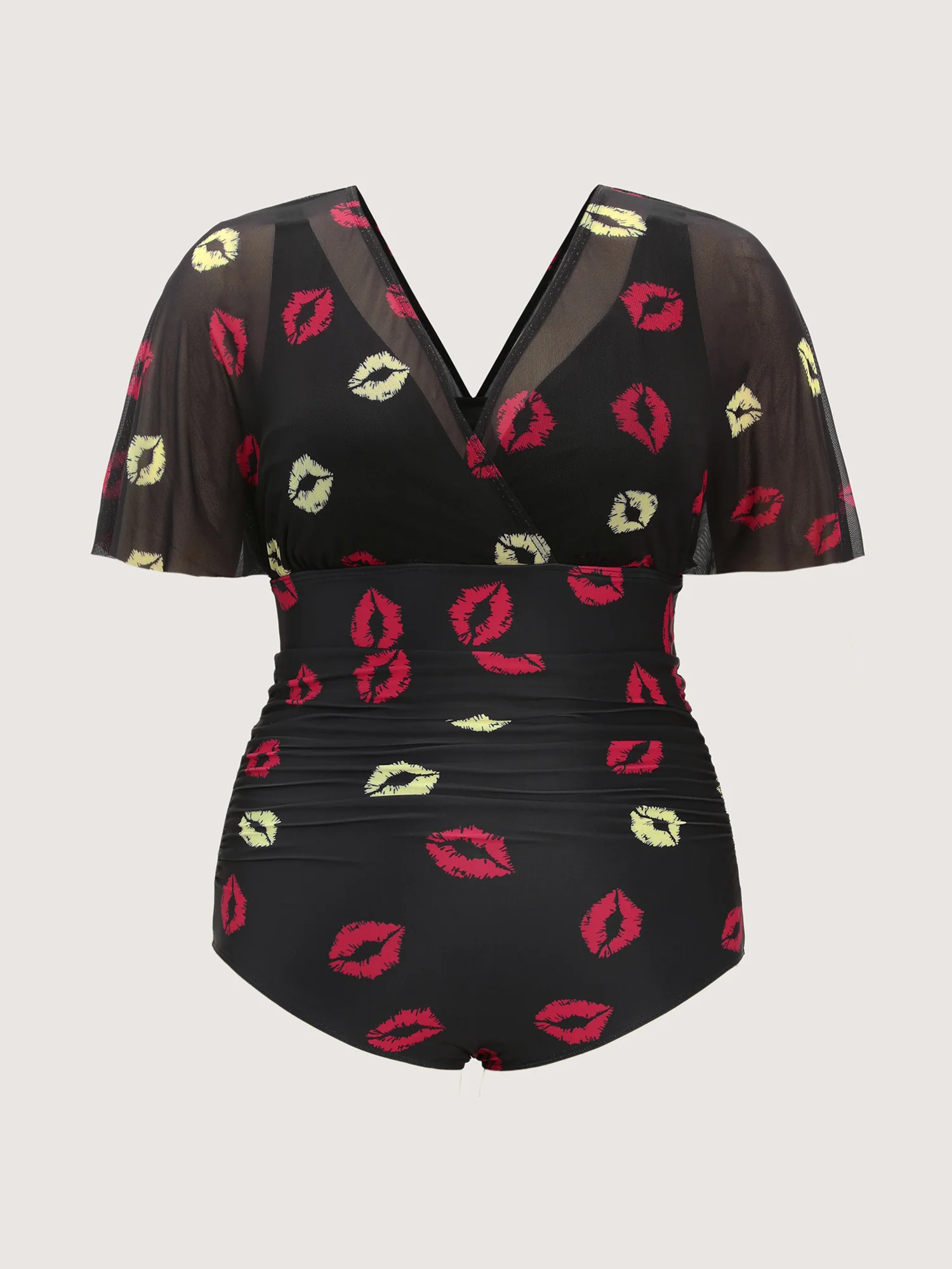 Mesh Lip Pattern Ruched One-Piece Swimsuit