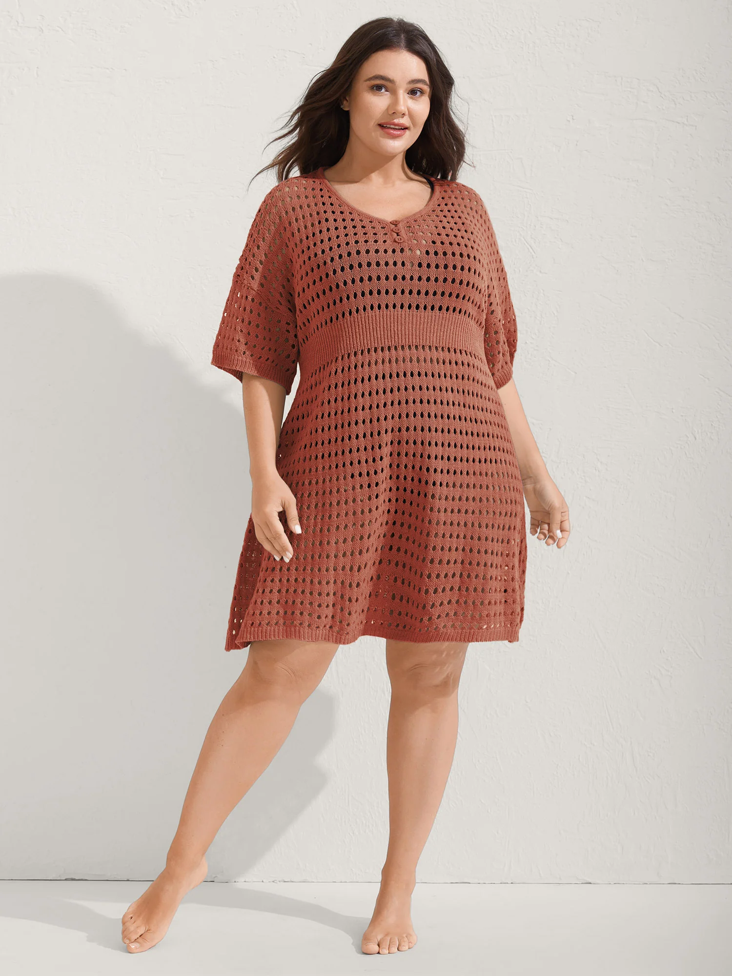 Cut-Out Waist-Cinched Button Swim Cover-Up