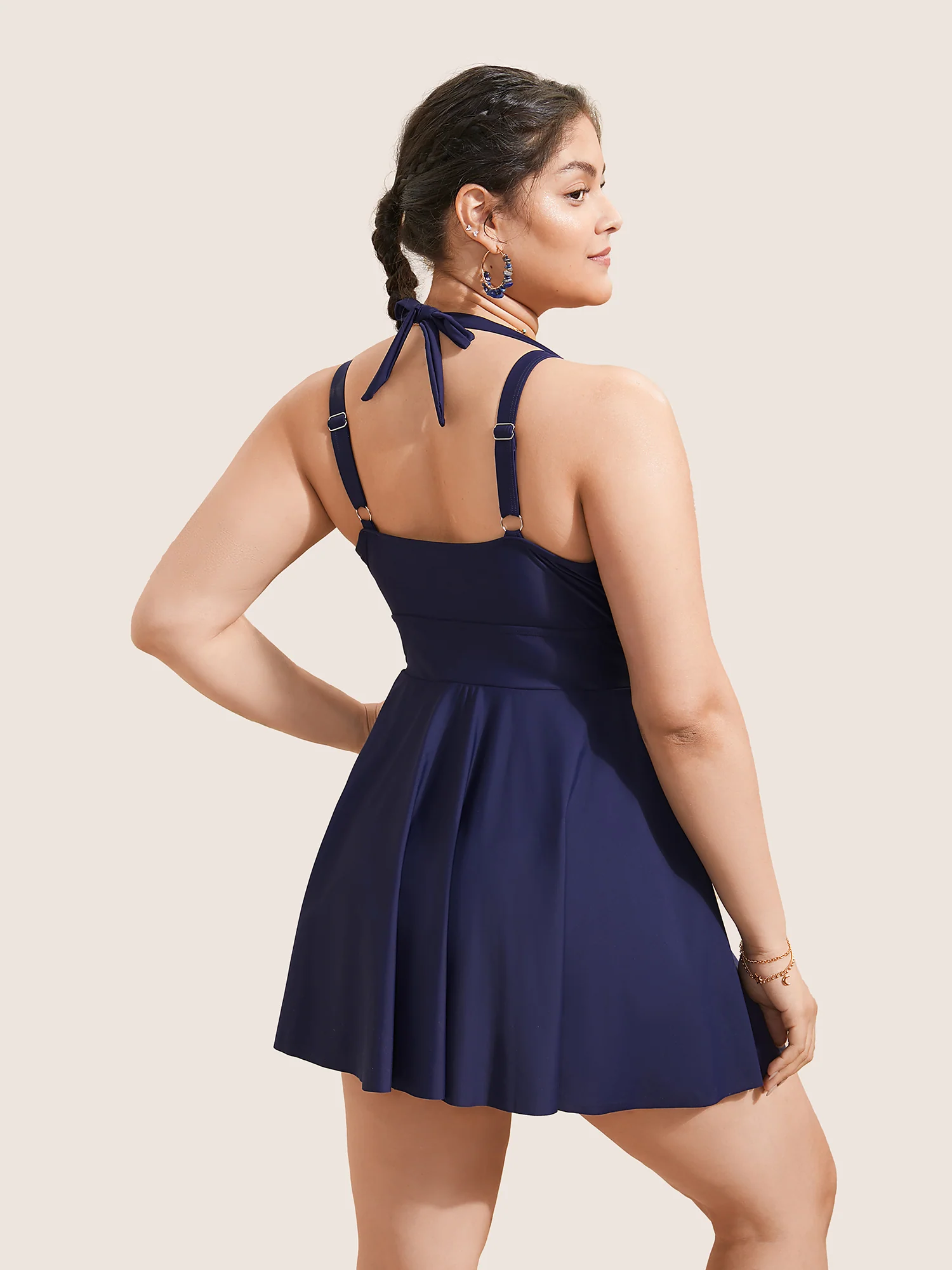 Solid Ruffle Hem Empire Waist Halter Neck Swim Dress