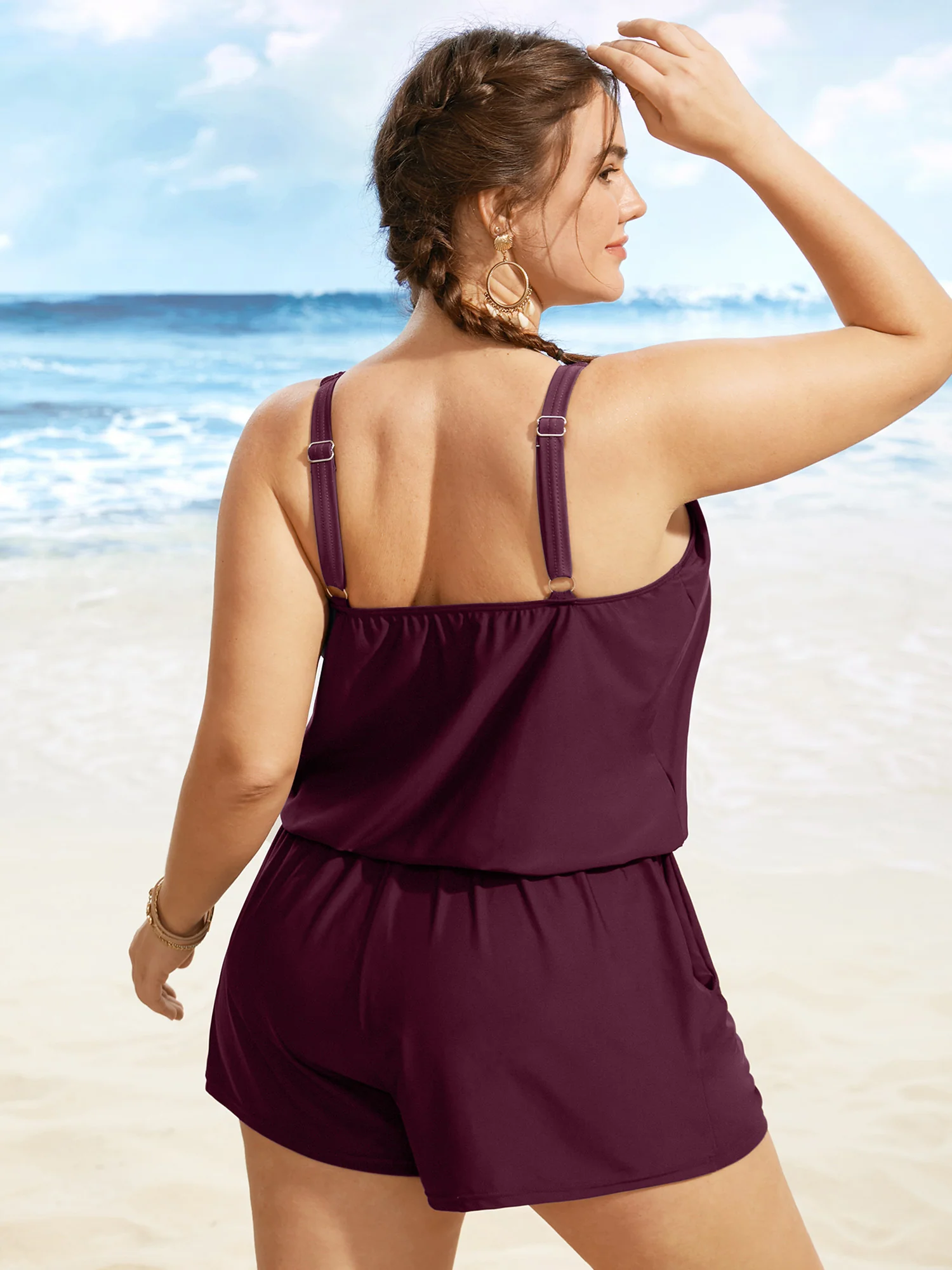 Solid Keyhole Elastic Waist Gathered One Piece Swimsuit