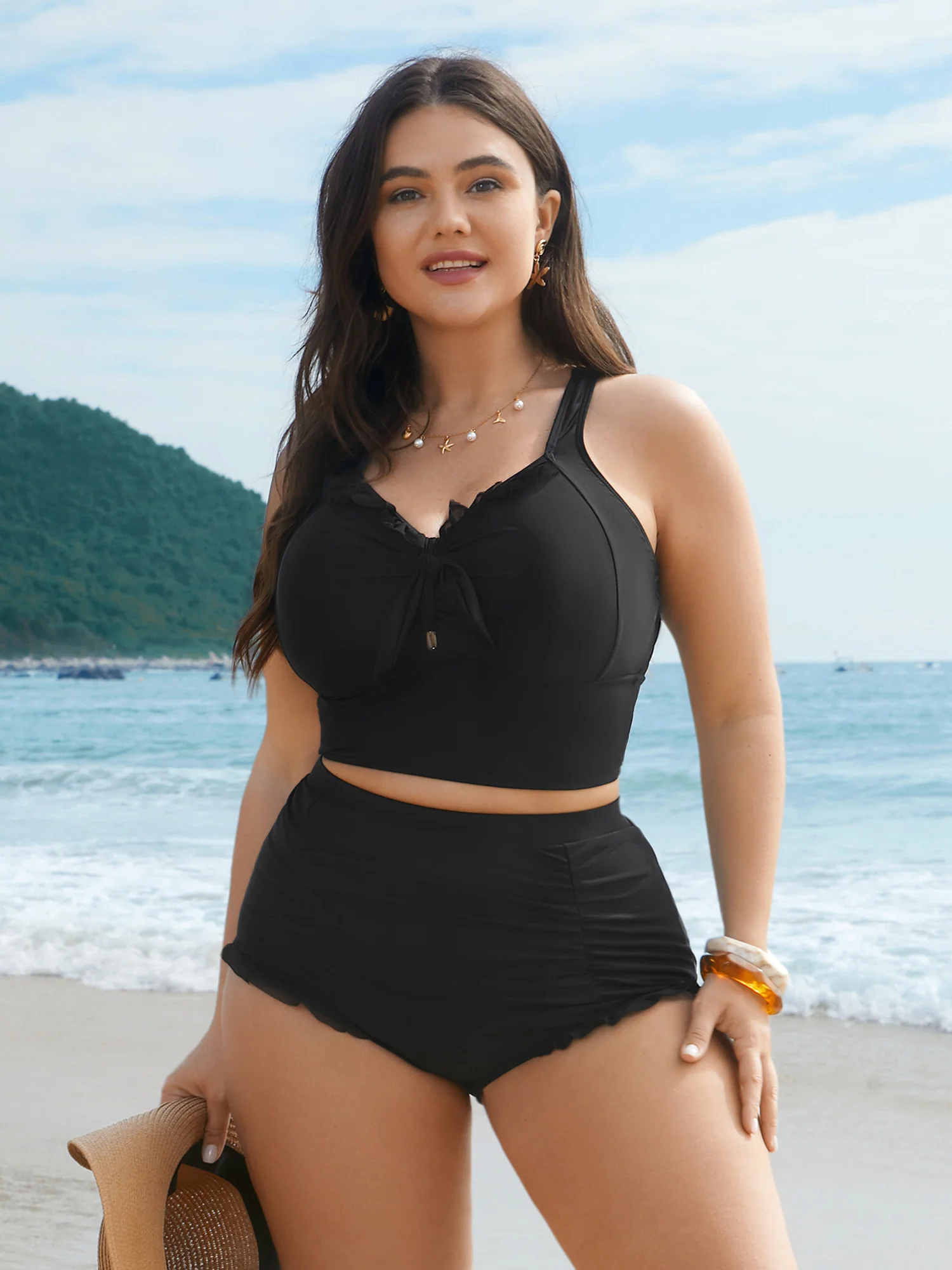 Ruched Mesh Seamed Ruffle Trim Swim Bottoms