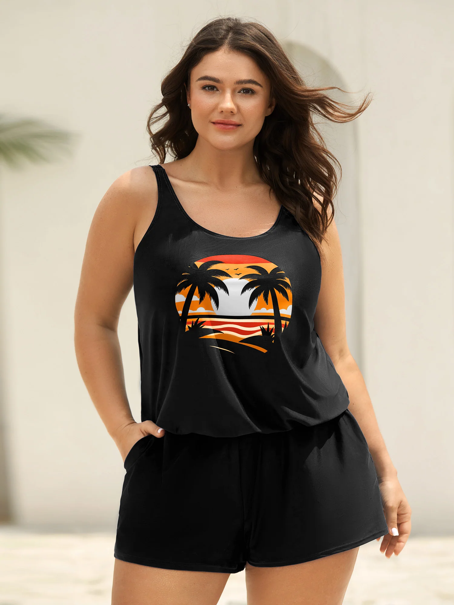 Island Pattern Pockets One-Piece Swimsuit