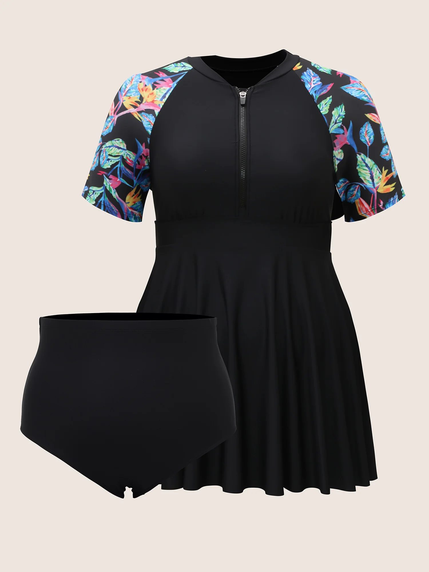 Tropical Print Half Zip Raglan Sleeve Swim Dress