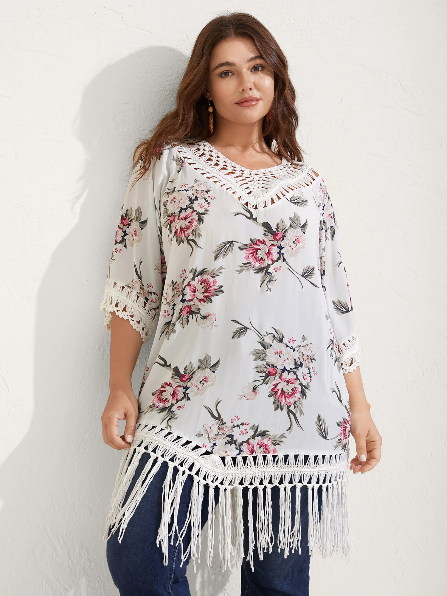 Floral Print Crochet Fringe Hem Swim Cover-Up