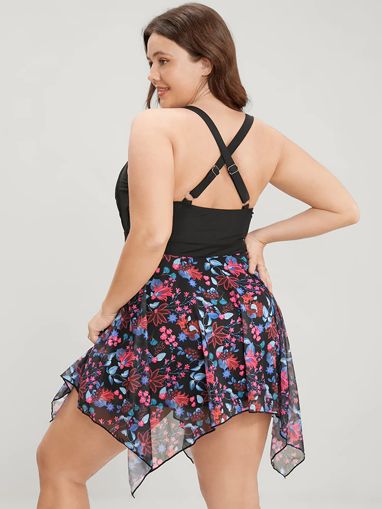 Tropical Ruched Ties Hanky Hem Crisscross Swim Dress