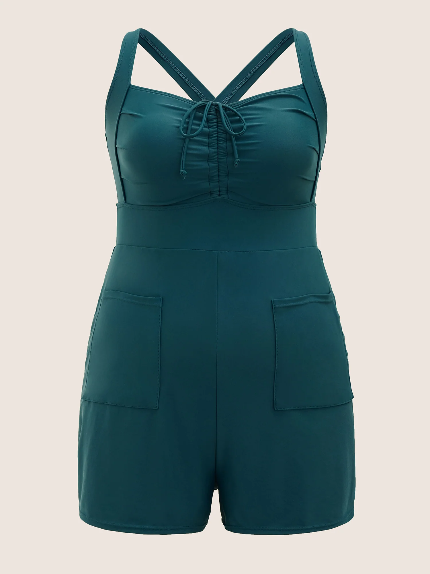 Plain Patched Pocket Drawstring One Piece Swimsuit