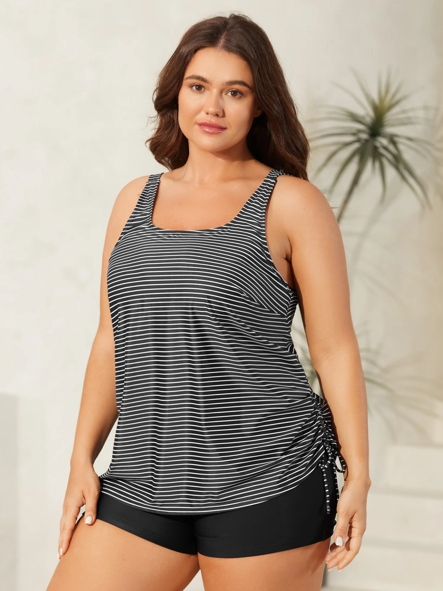 Striped Non-Removable Cups Swim Top
