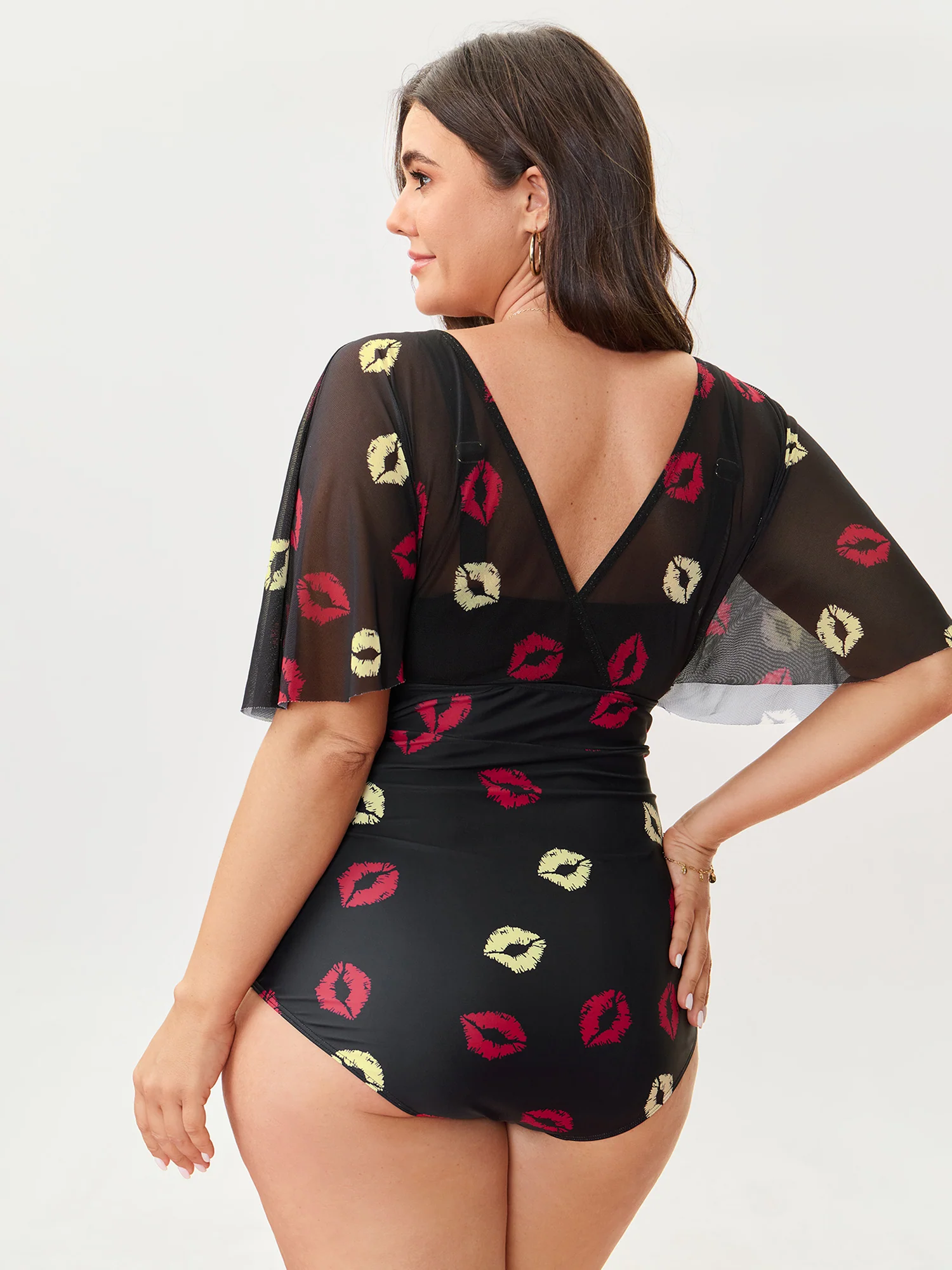 Mesh Lip Pattern Ruched One-Piece Swimsuit