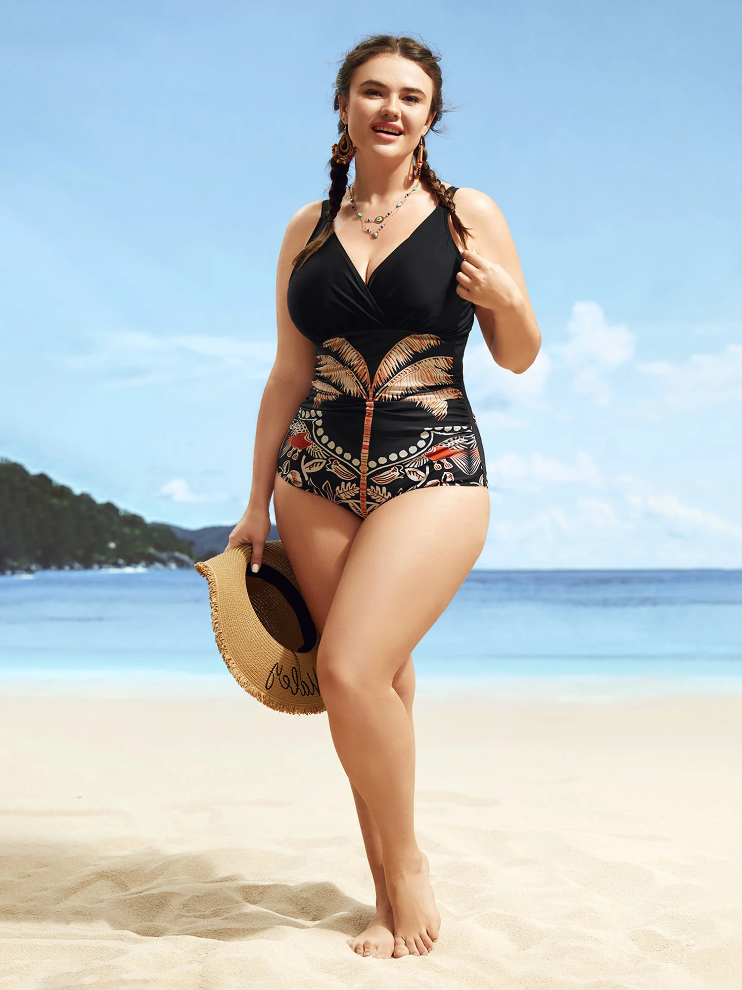 Overlap Collar Tropical Print Gathered One Piece Swimsuit