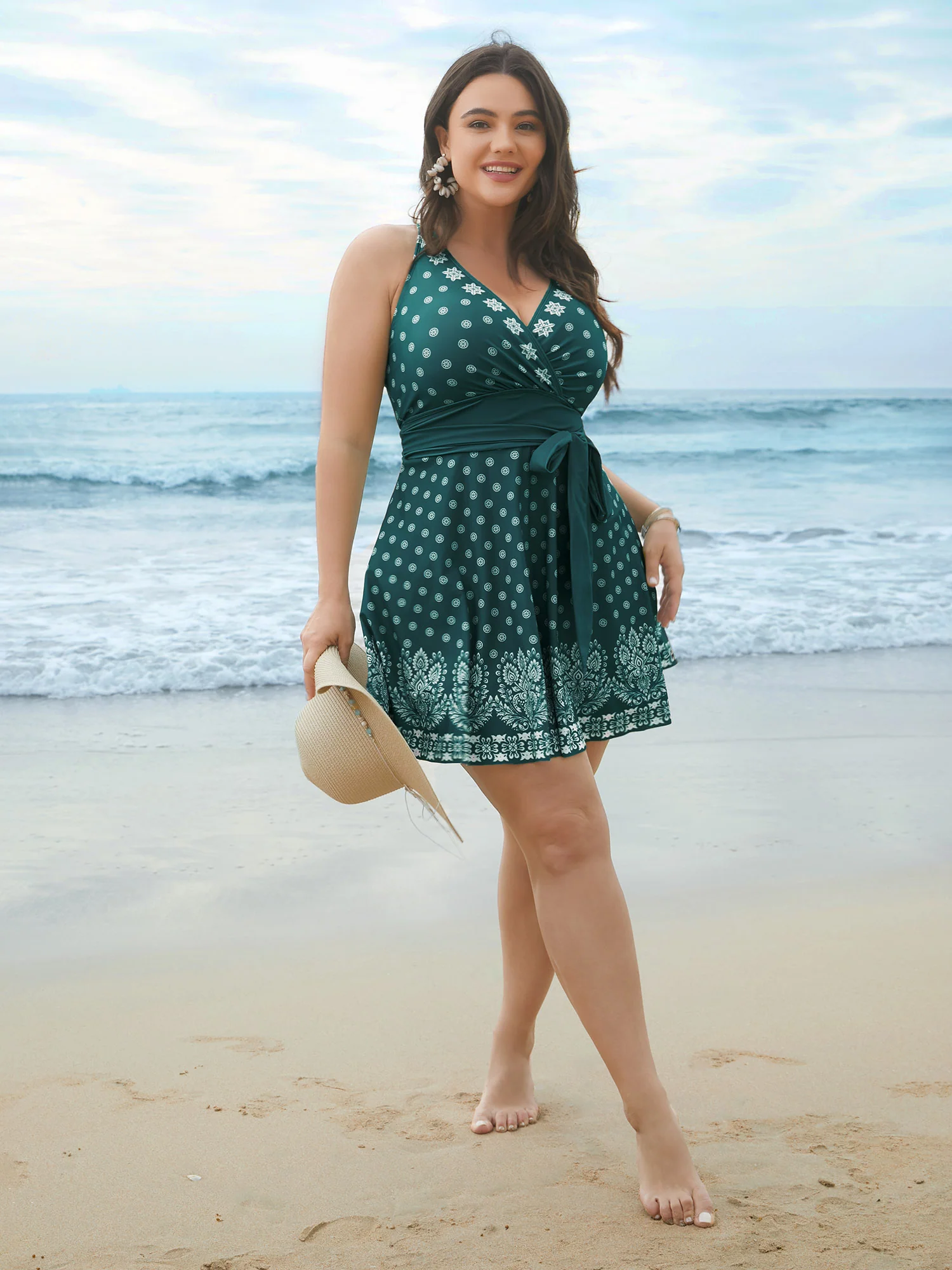 Boho Print Waist-Tie Surplice Neck Swim Dress