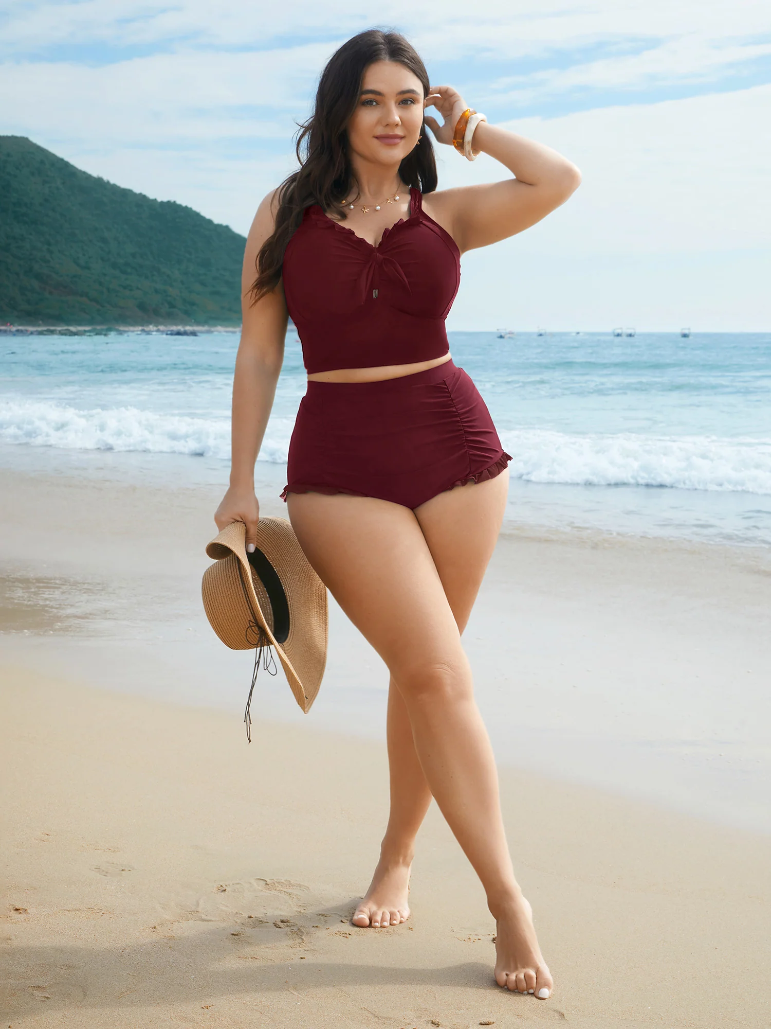 Ruched Mesh Seamed Ruffle Trim Swim Bottoms