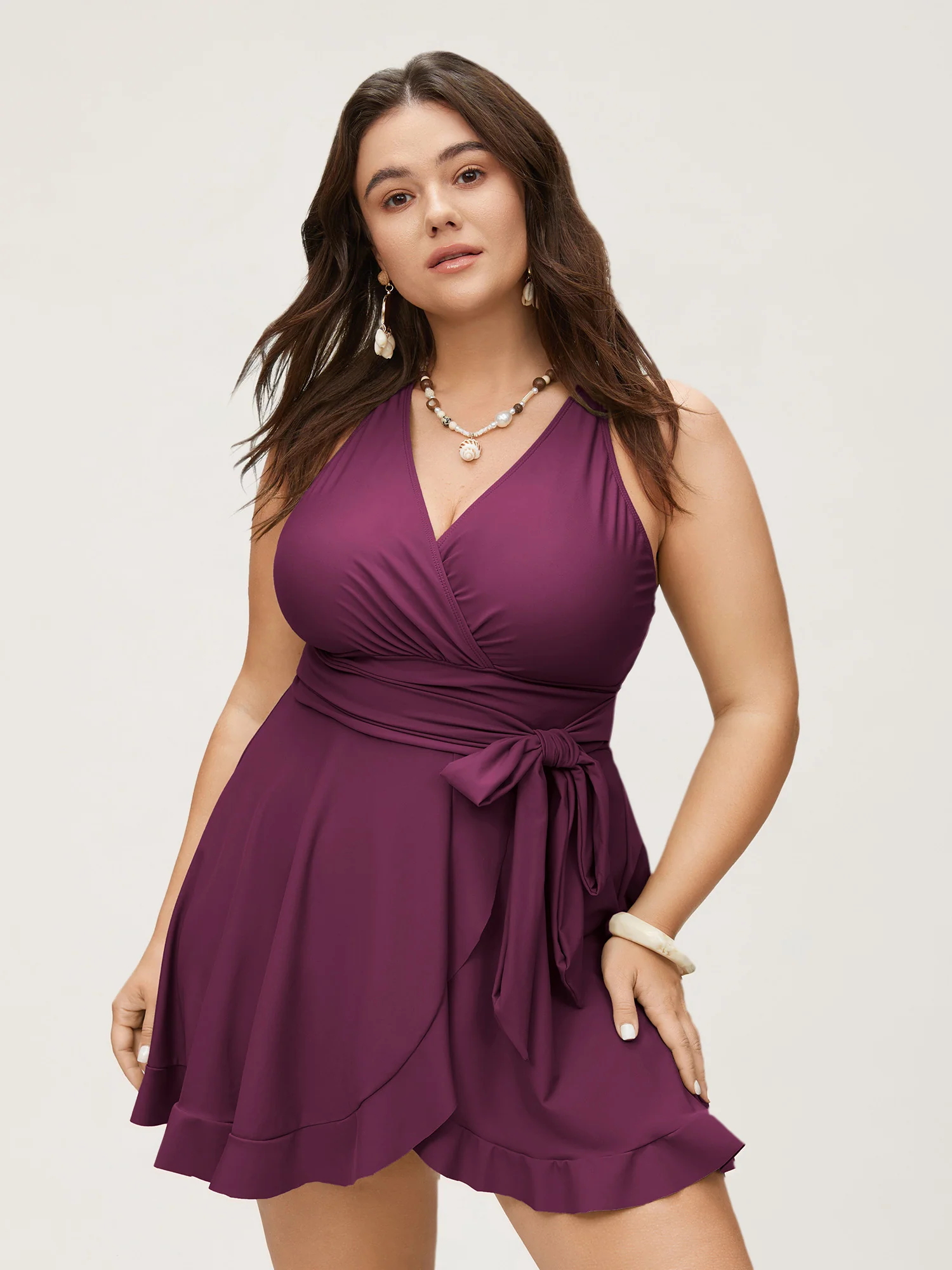 Plain Ties Wrap Flutters Swim Dress