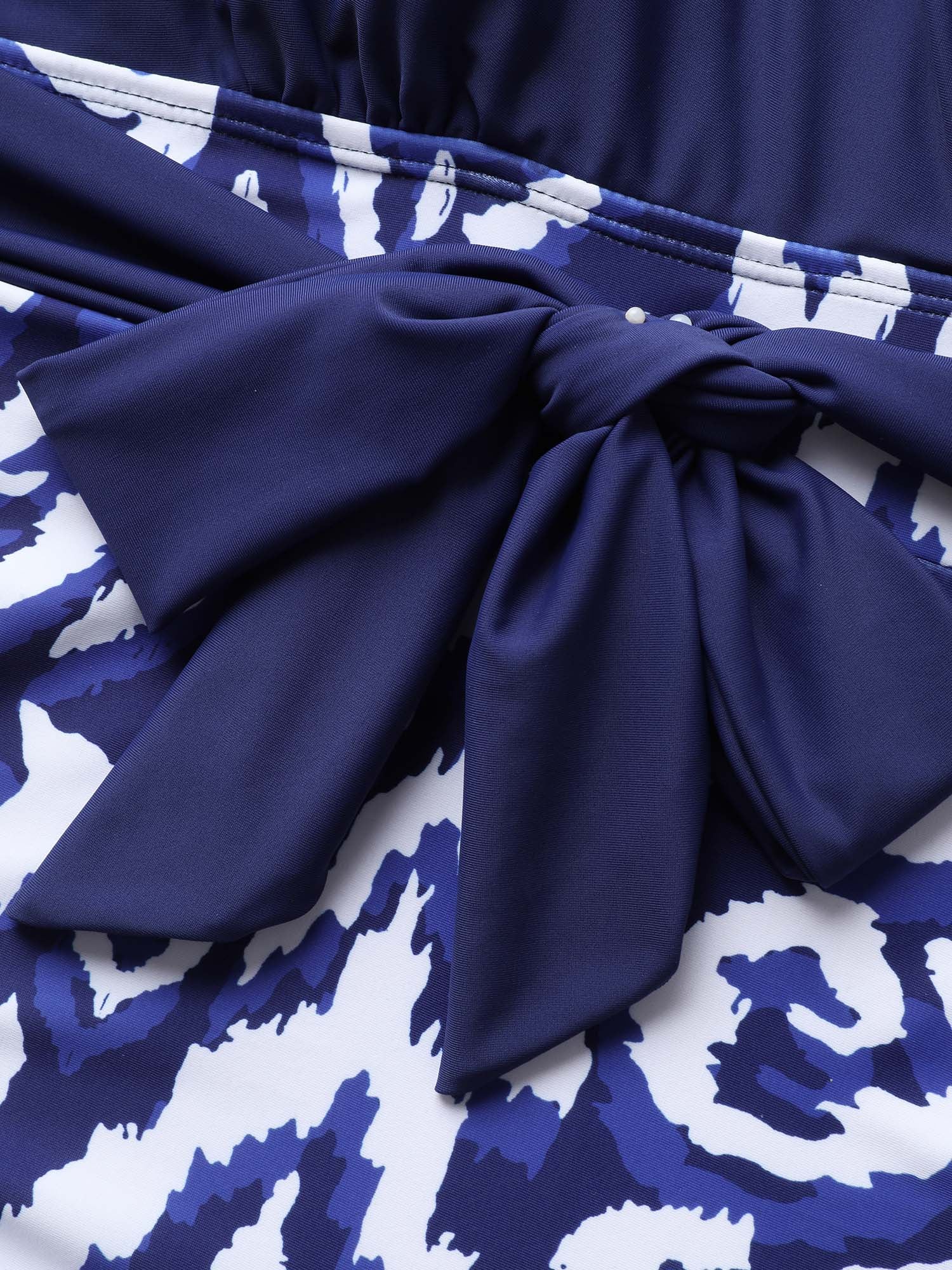 Overlap Collar Boho Print Tie Knot One Piece Swimsuit