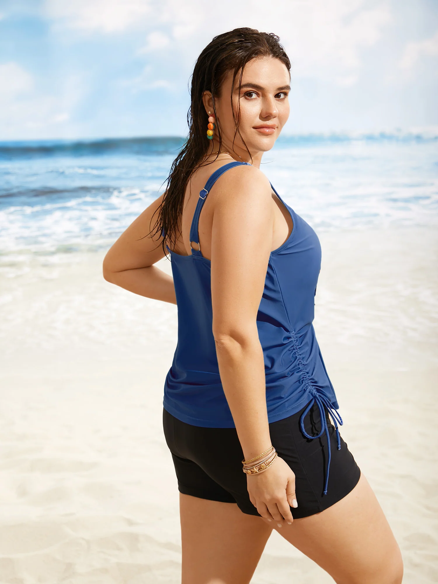 Island Print Drawstring Adjustable Swim Top