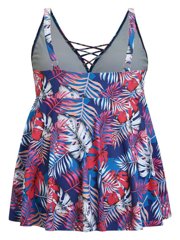 Tropical Print Wrap Ruffles Crisscross Swim Dress