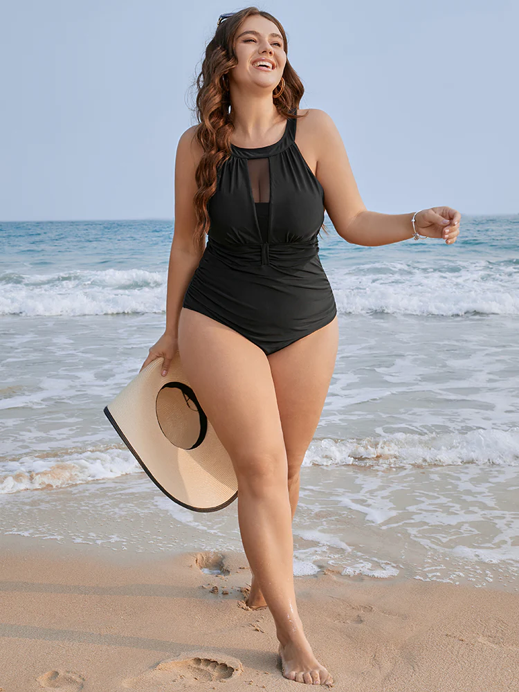 Halter Mesh Insert Knotted Back One Piece Swimsuit