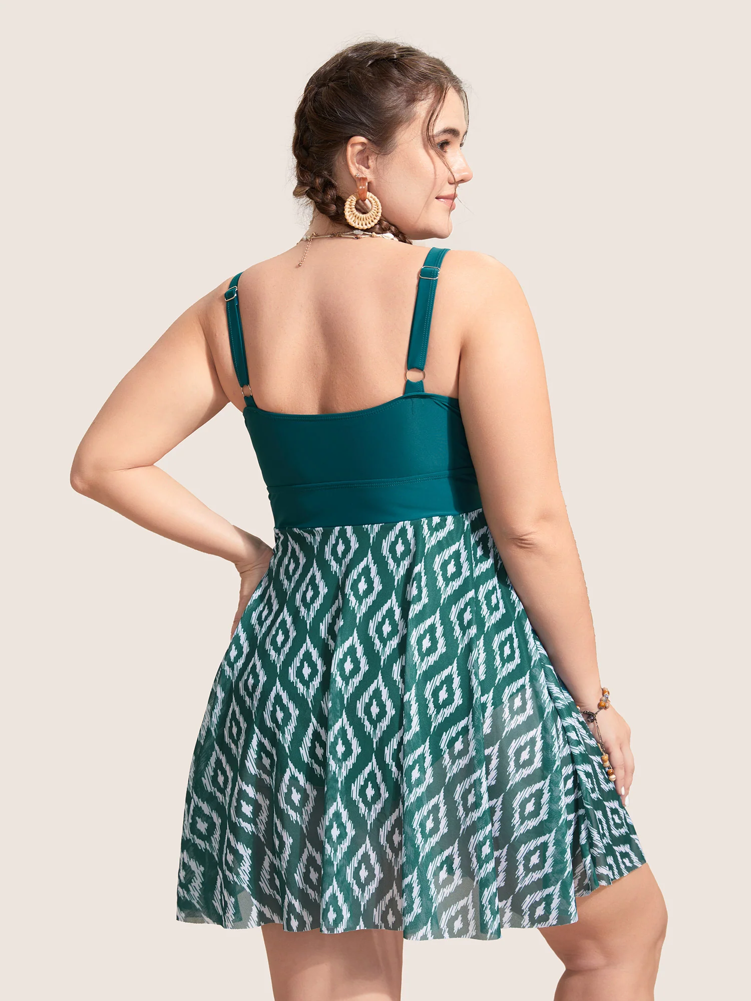 Geometric Patchwork See Through Ruffles Swim Dress