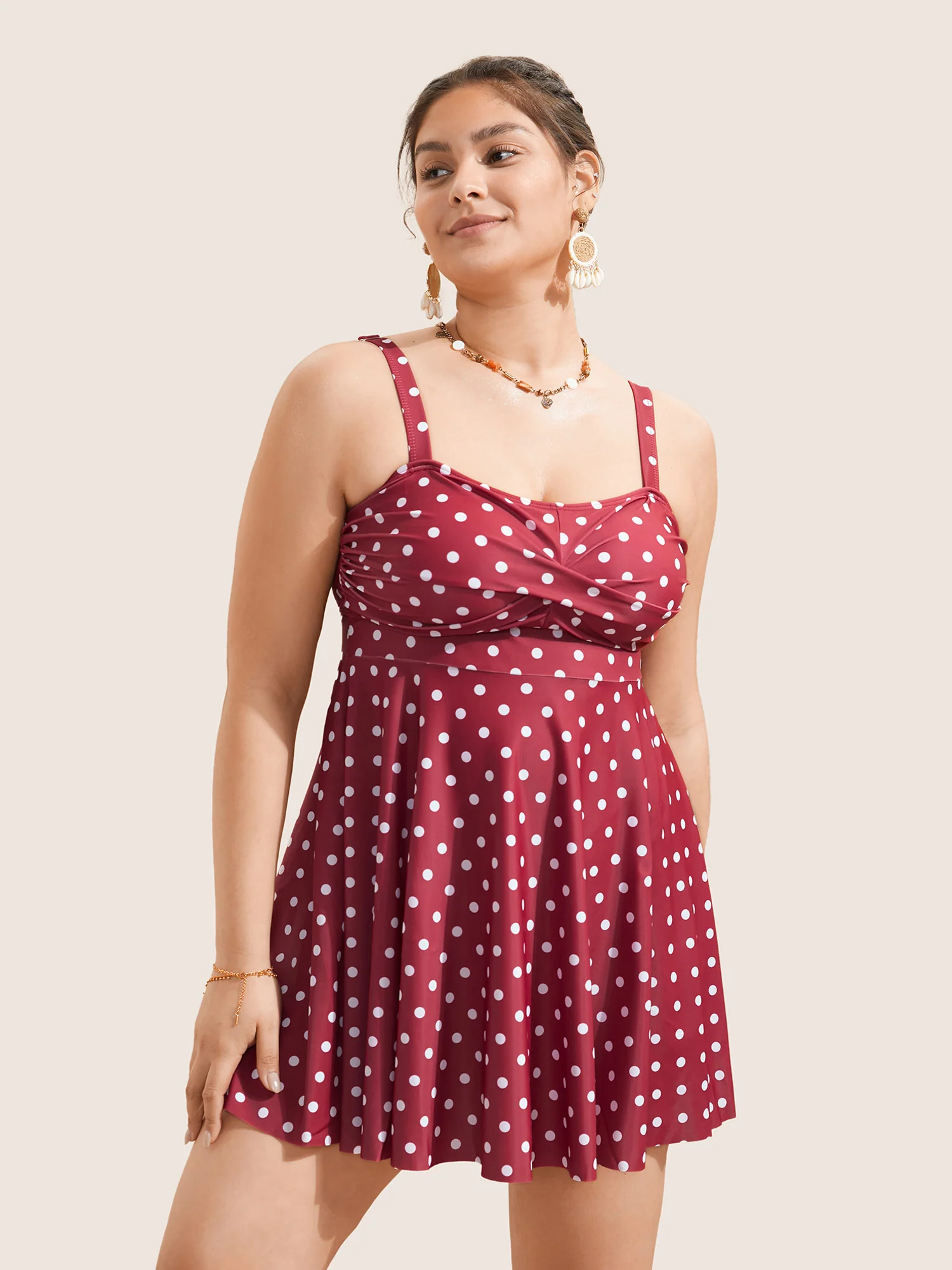 Polka Dot Crossover Ruched Flutter Hem Swim Dress
