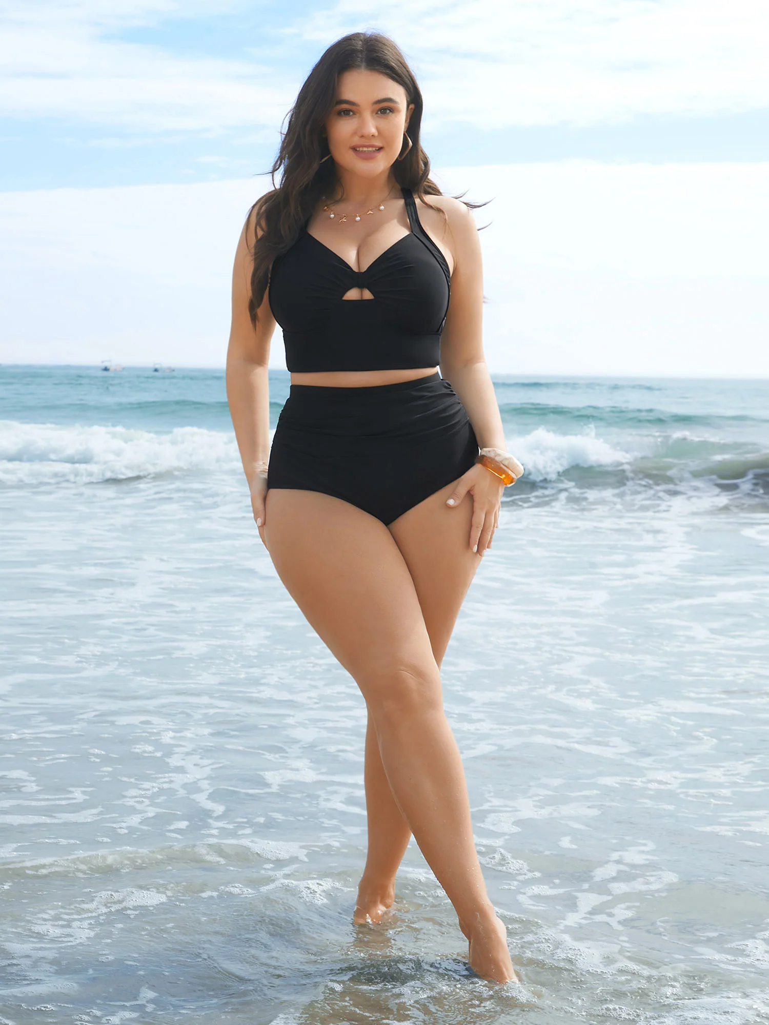 High Rise Ruched Plain Swim Bottoms