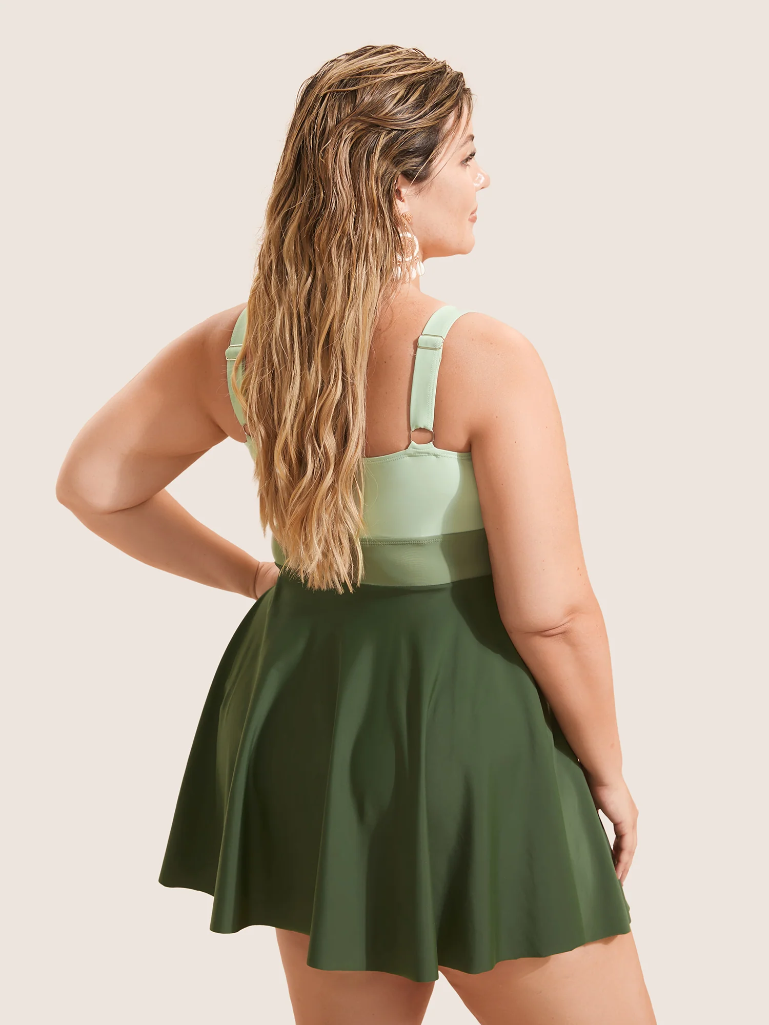 Twist Front Patchwork Adjustable Straps Swim Dress