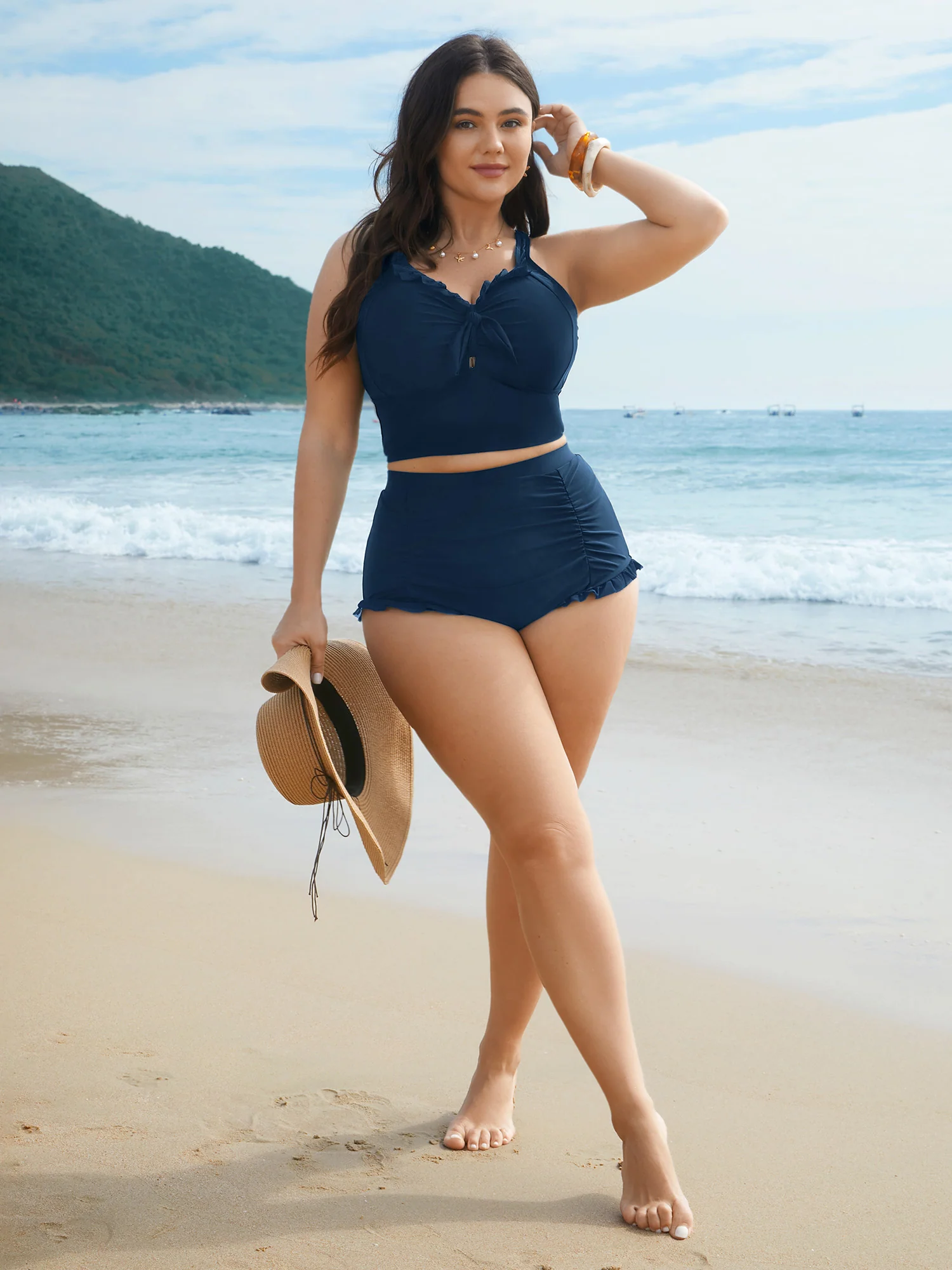 Ruched Mesh Seamed Ruffle Trim Swim Bottoms