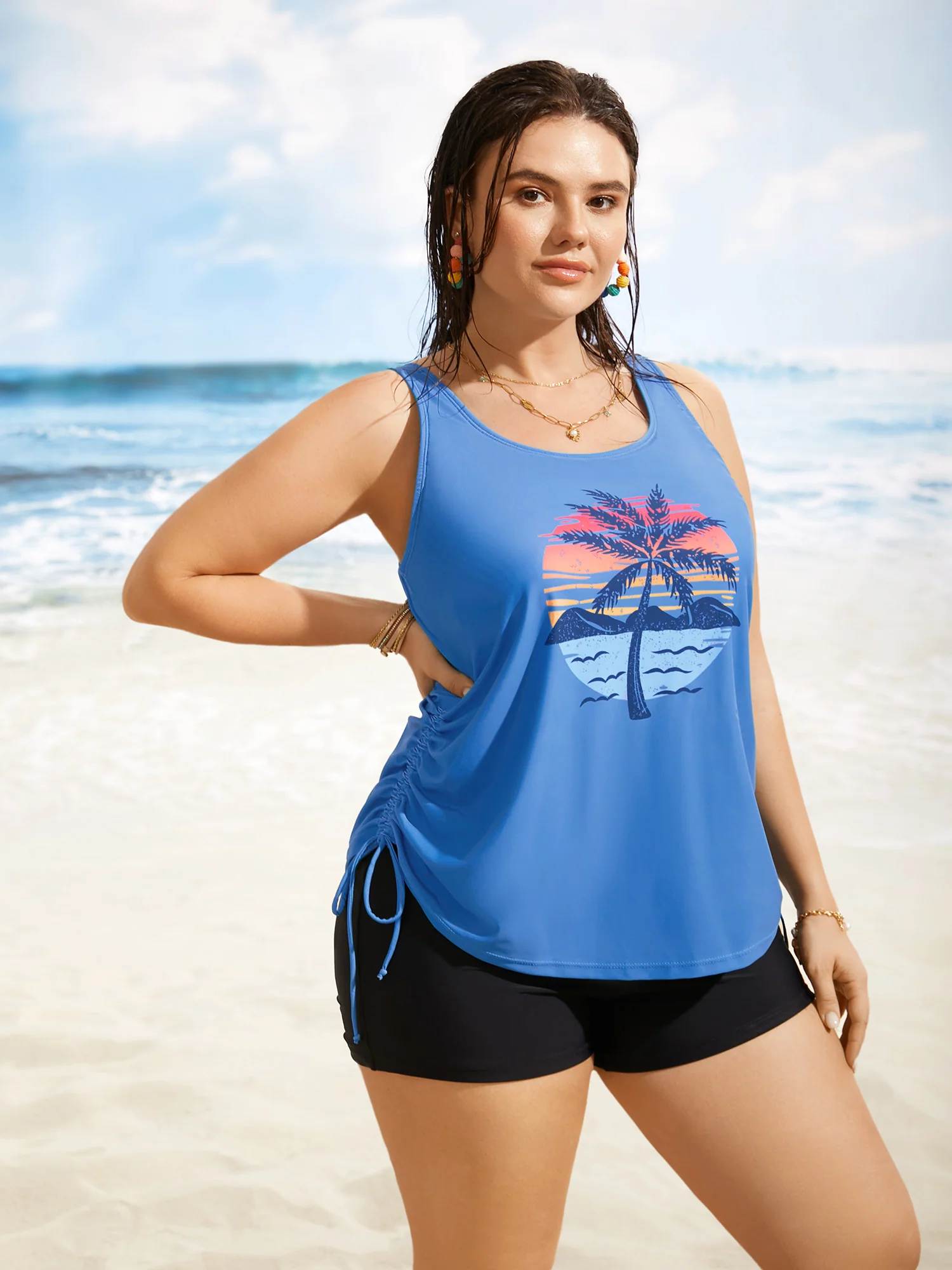 Island Print Drawstring Adjustable Swim Top