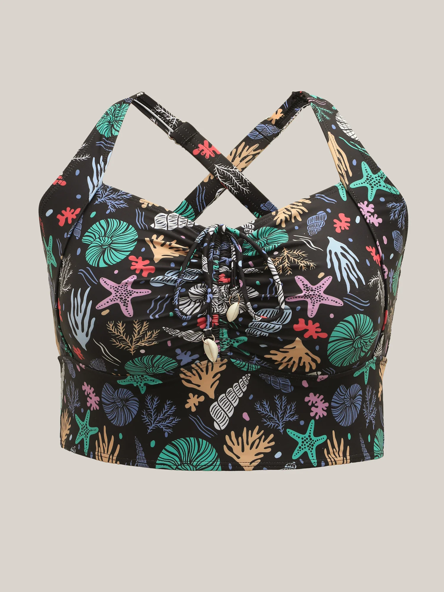 Bust-Friendly Ties Shell Print Swim Top