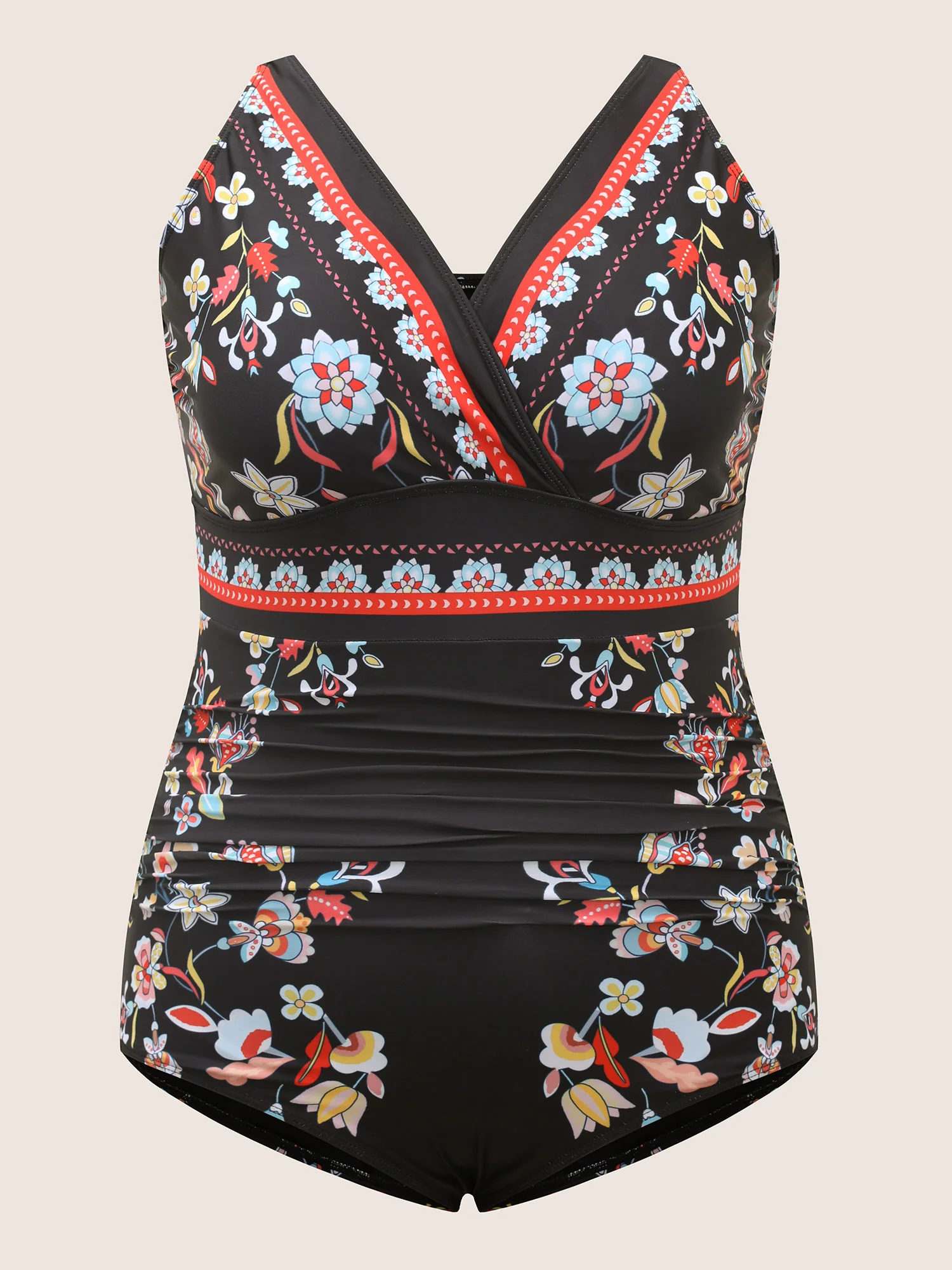 Boho Print Surplice Neck Ruched One Piece Swimsuit