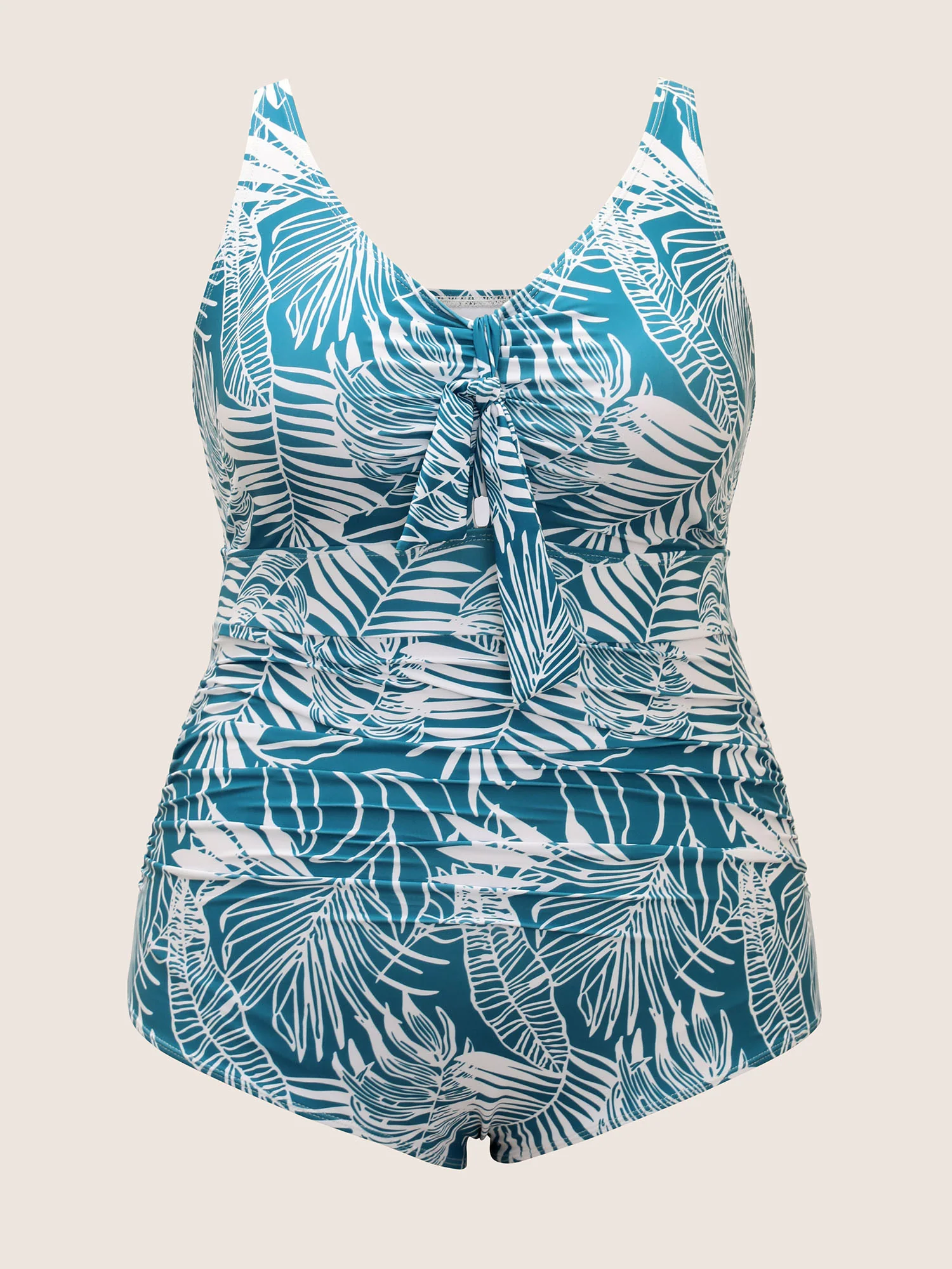 Tropical Print Knotted Gathered One Piece Swimsuit