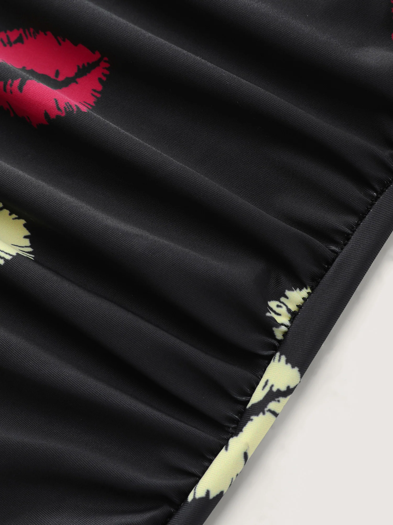 Mesh Lip Pattern Ruched One-Piece Swimsuit