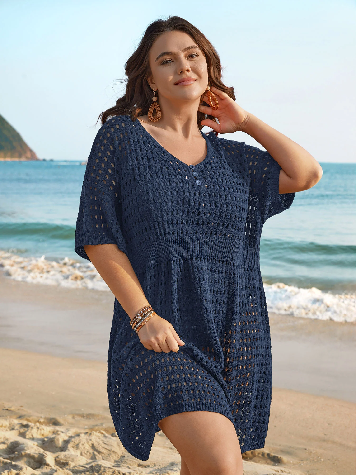 Cut-Out Waist-Cinched Button Swim Cover-Up