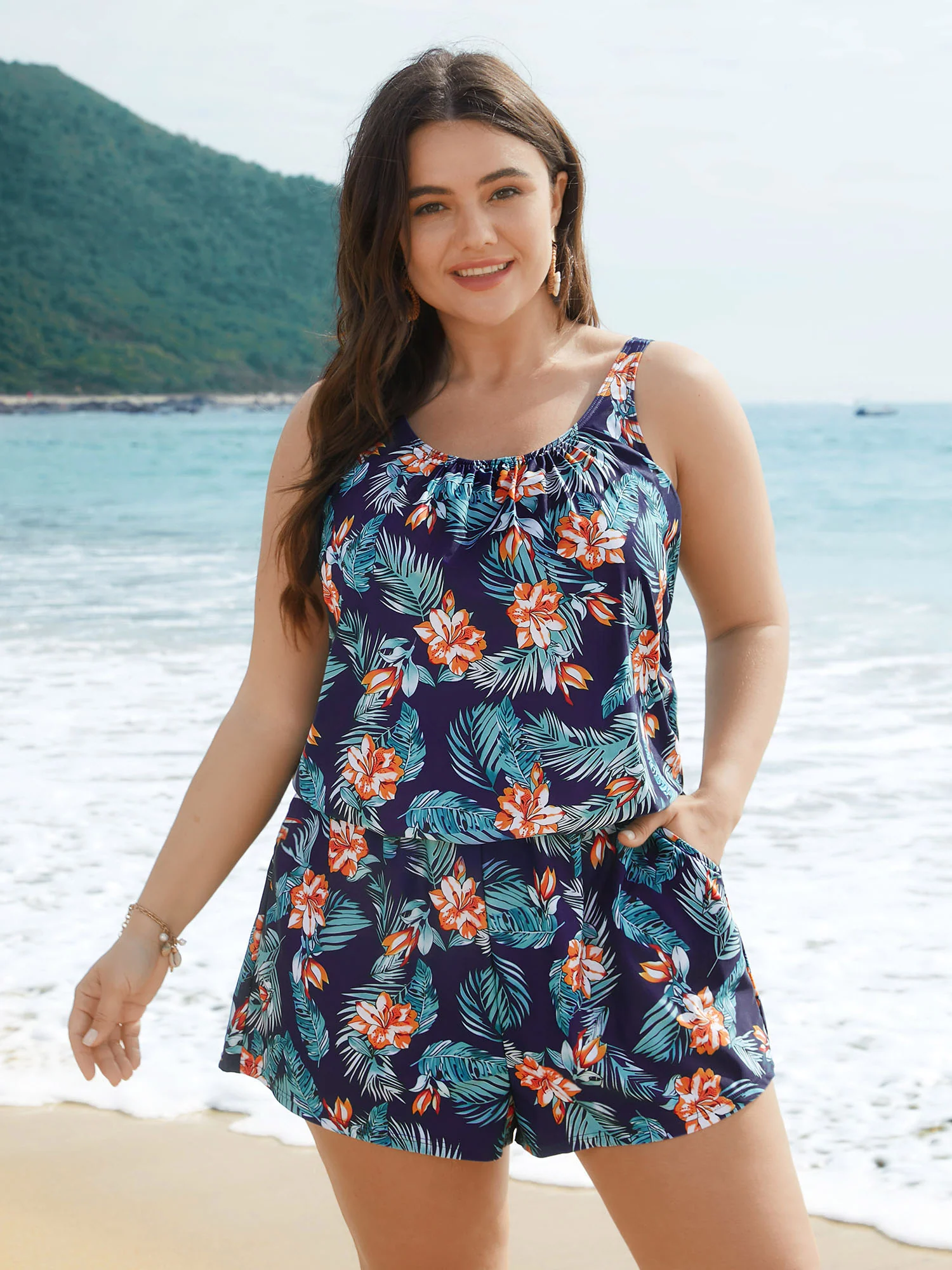 Tropical Flower Print Pockets One-Piece Swimsuit