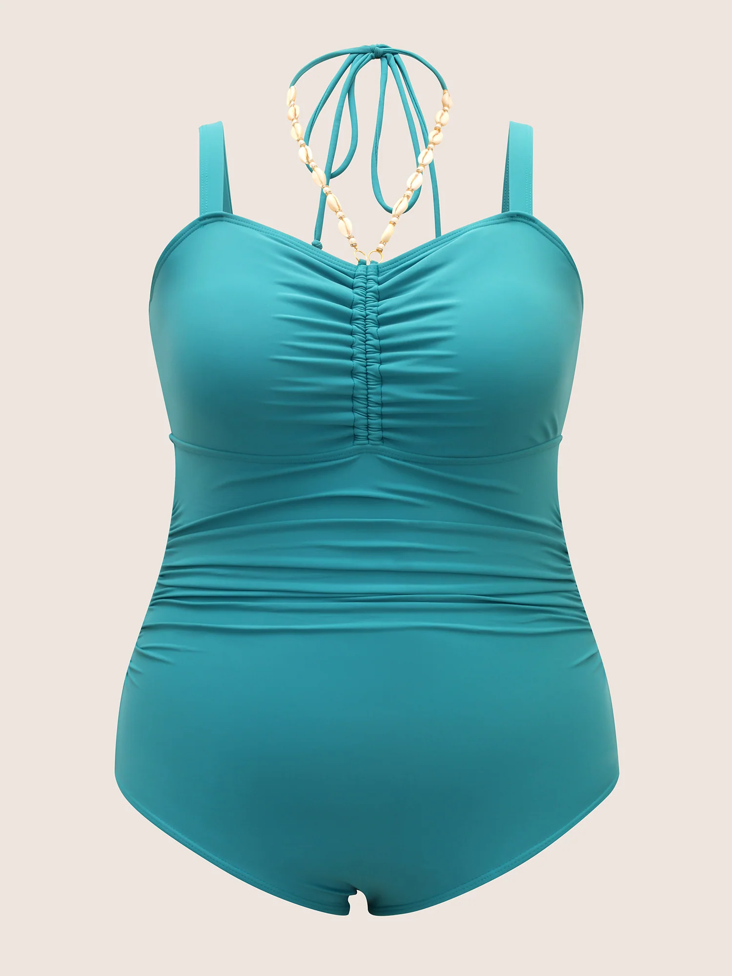 Solid Ruched Shell Chain Detail One Piece Swimsuit