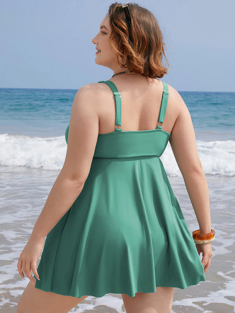 Ruched Drawstring Flutter Hem Swim Dress