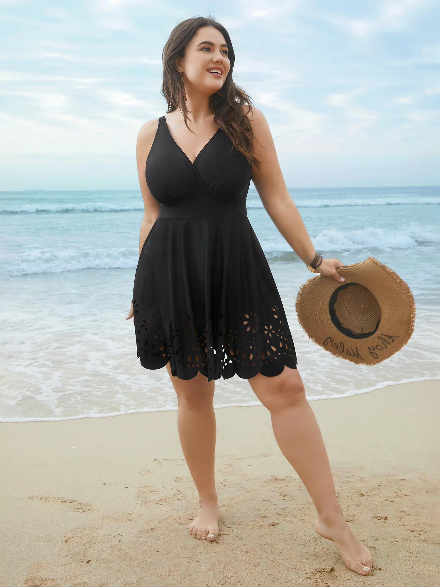 Laser Cut Surplice Neck Waist-Cinched Swim Dress