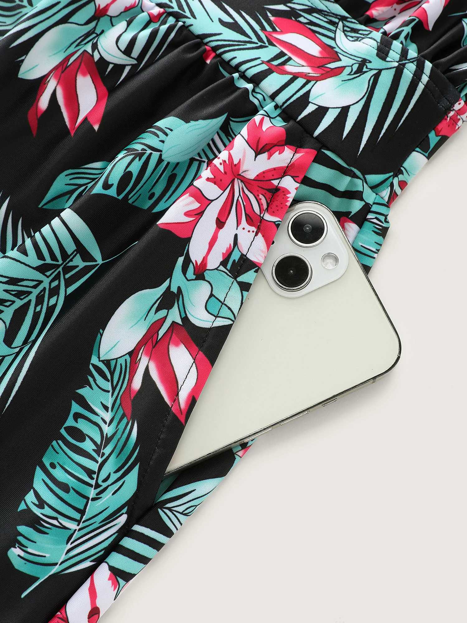 Tropical Flower Print Pockets One-Piece Swimsuit