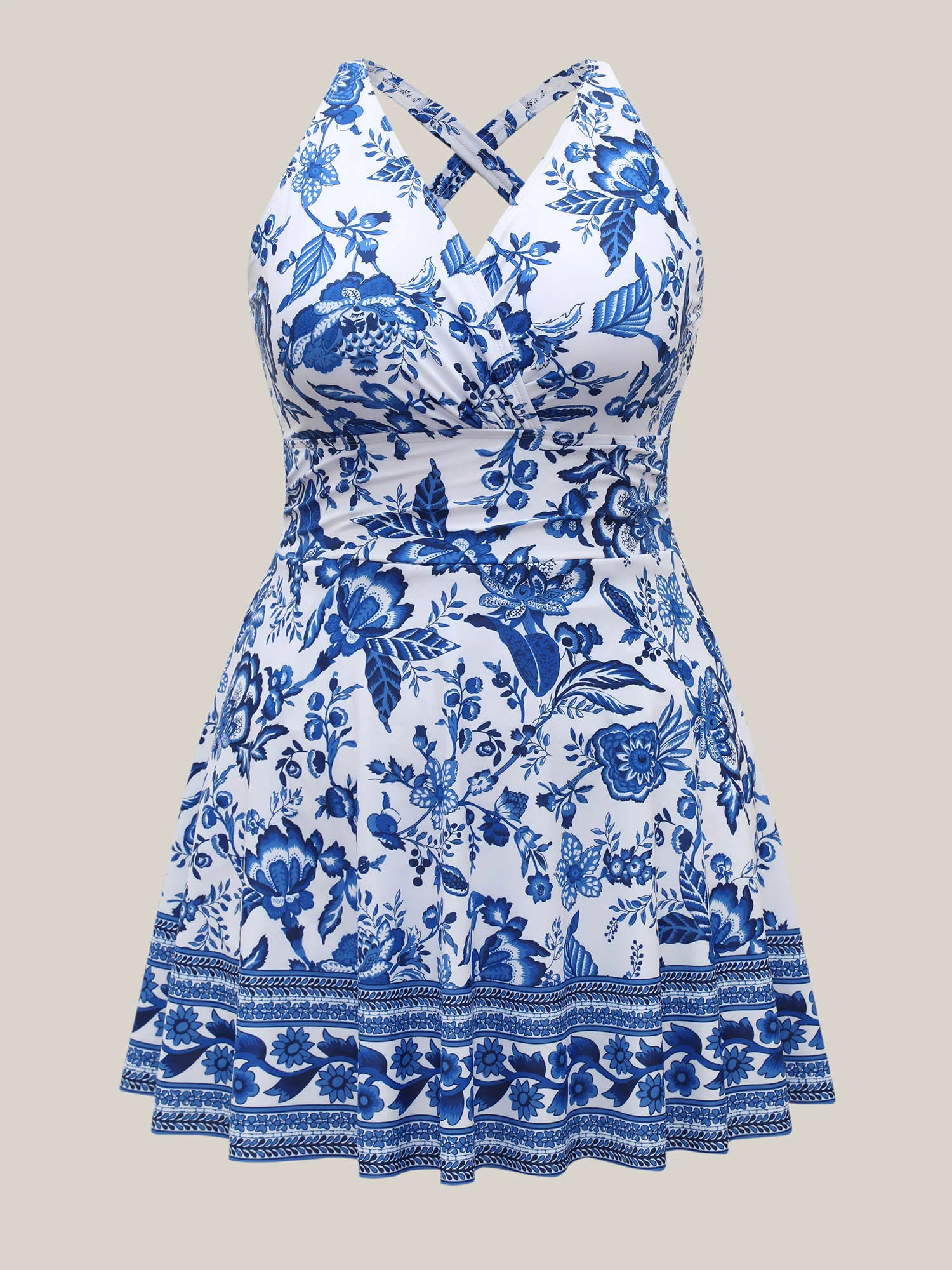 Boho Print Ruched Pockets Swim Dress