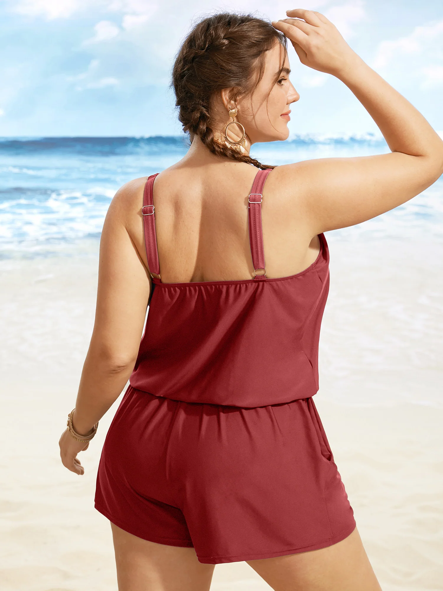 Solid Keyhole Elastic Waist Gathered One Piece Swimsuit