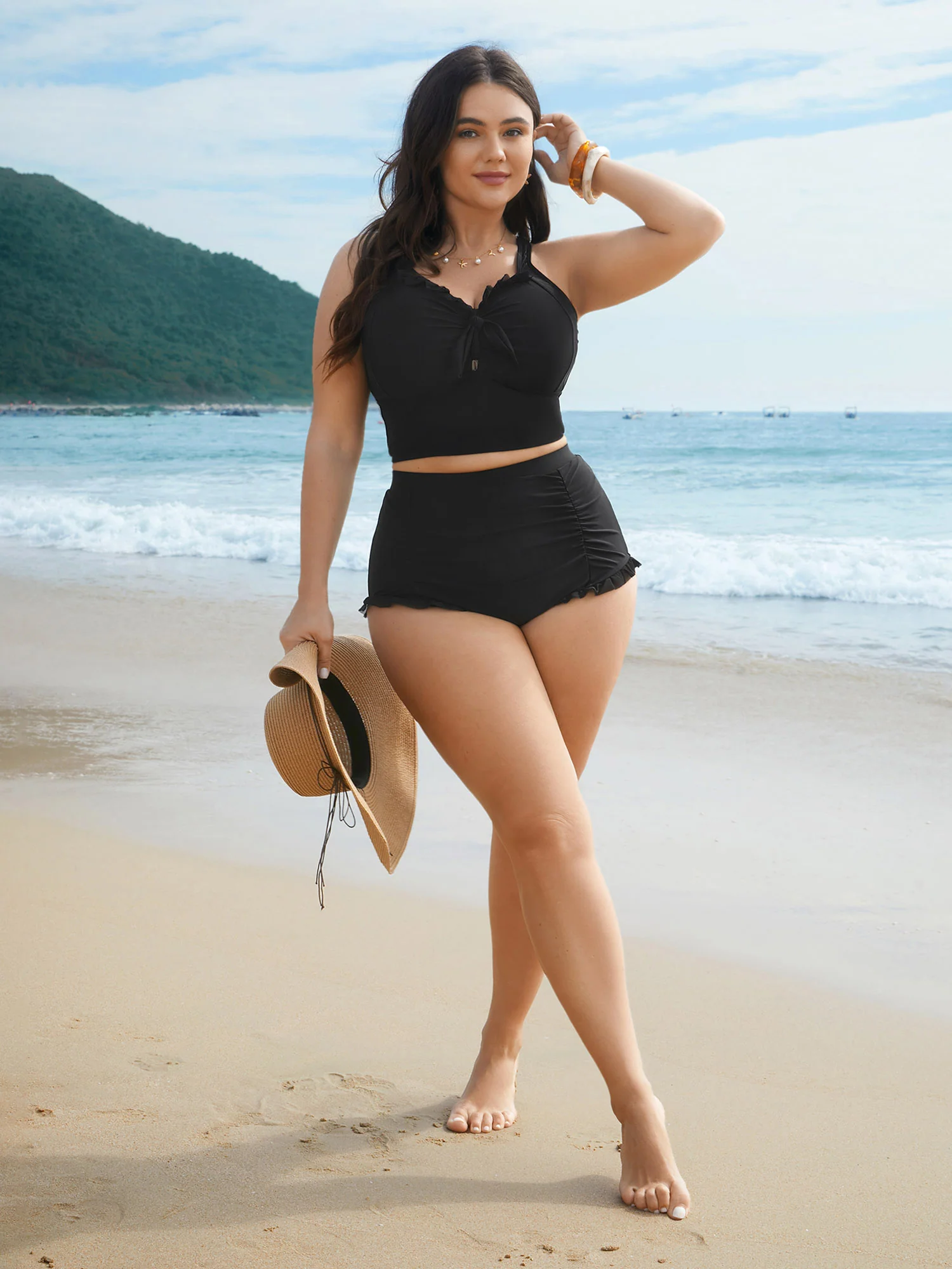 Ruched Mesh Seamed Ruffle Trim Swim Bottoms