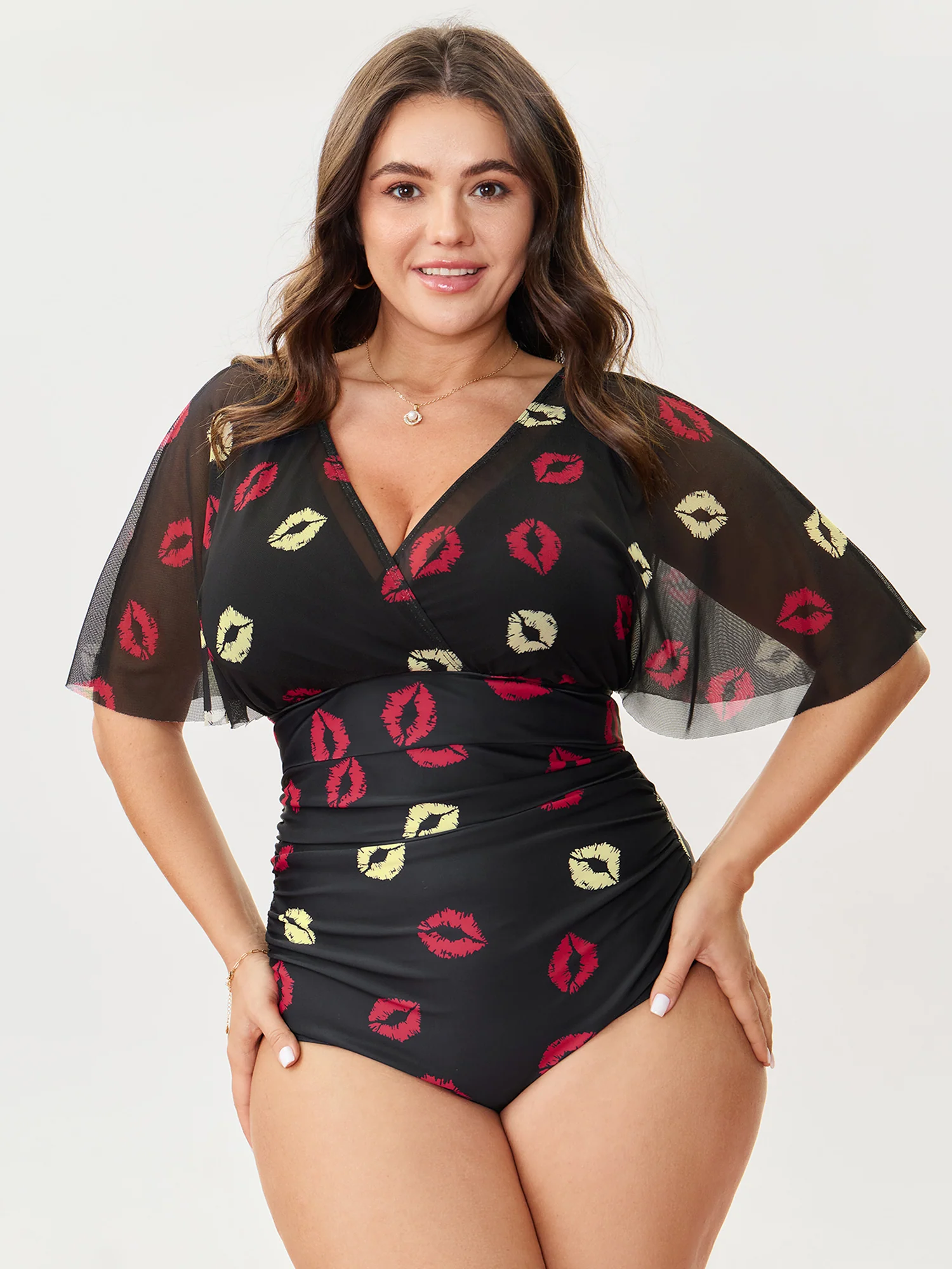 Mesh Lip Pattern Ruched One-Piece Swimsuit