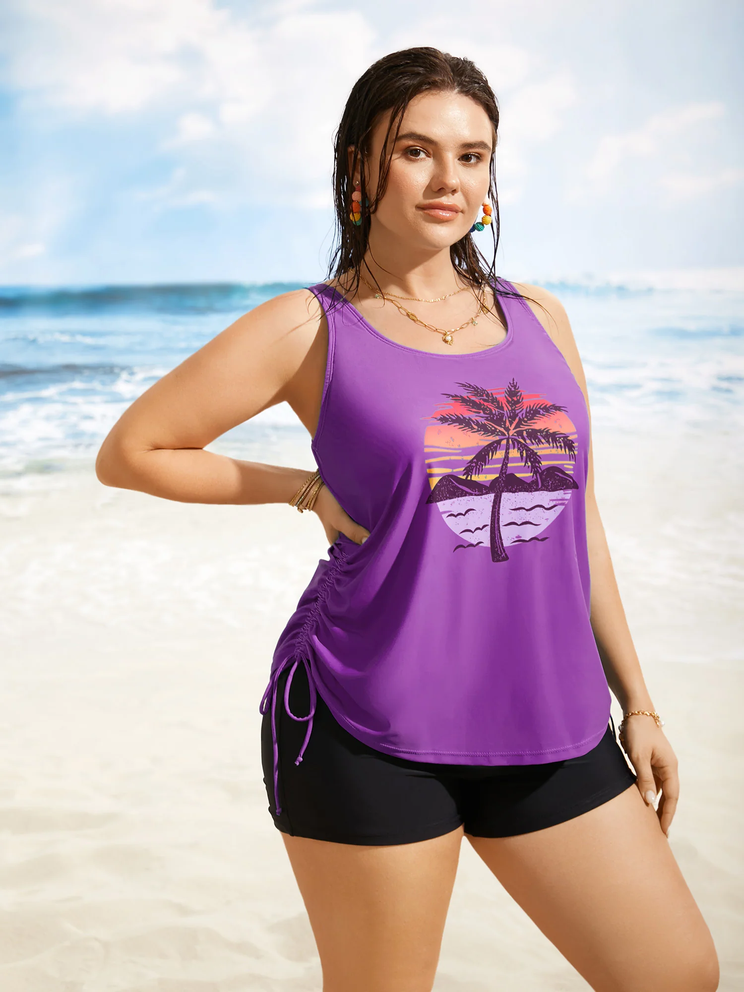 Island Print Drawstring Adjustable Swim Top