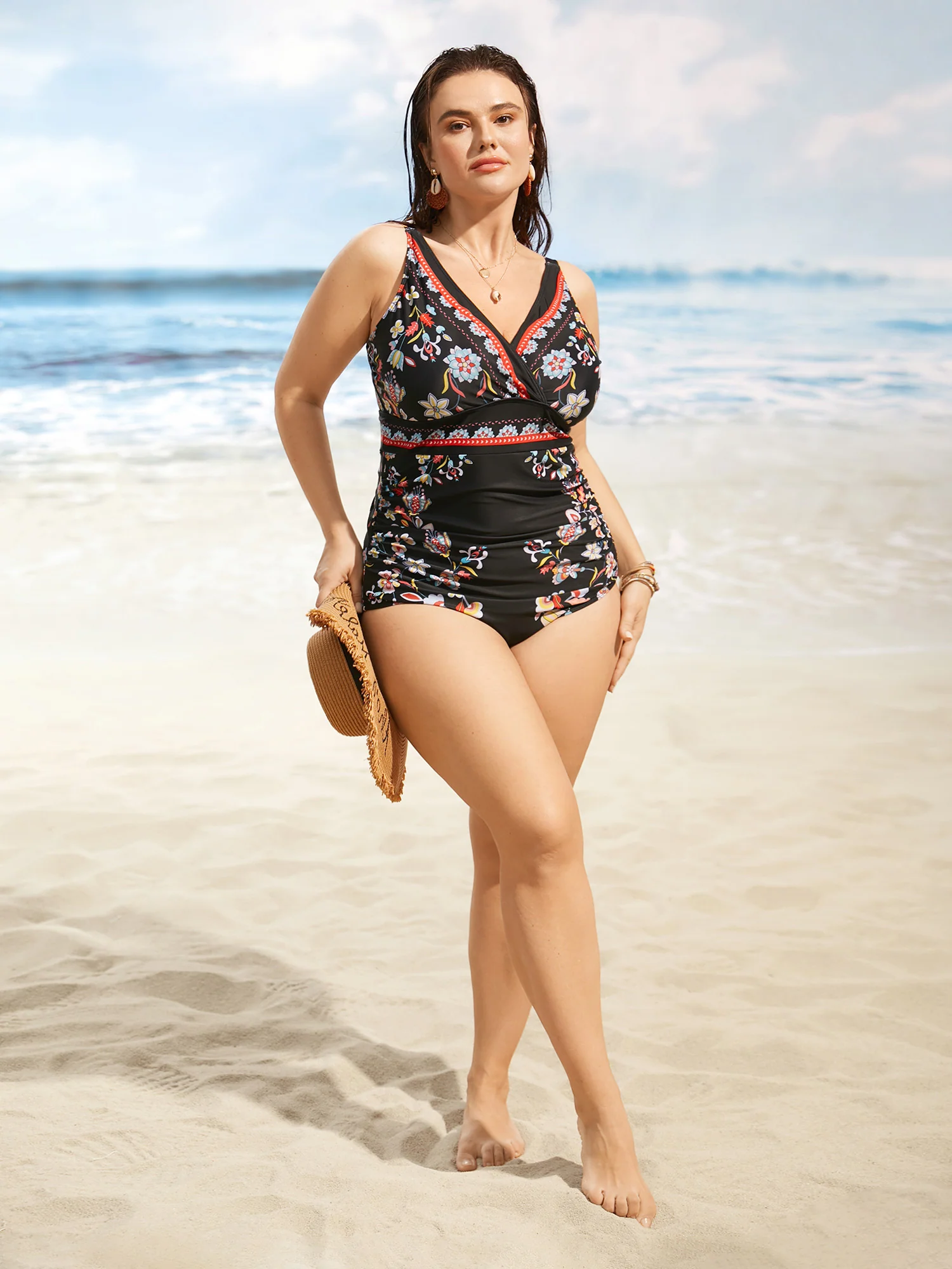 Boho Print Surplice Neck Ruched One Piece Swimsuit