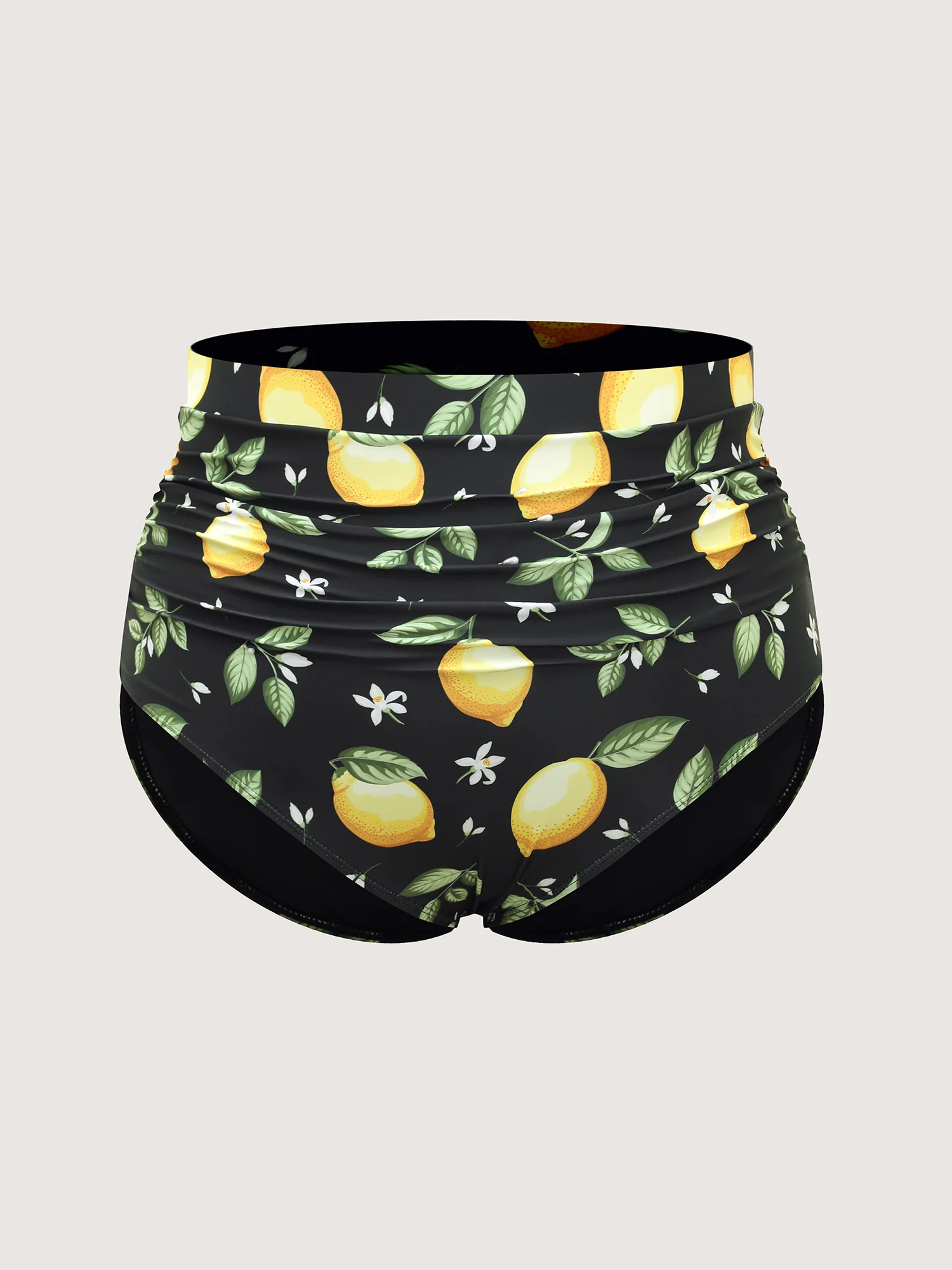 Lemon Print Pleated Tight-Fit Swim Bottoms